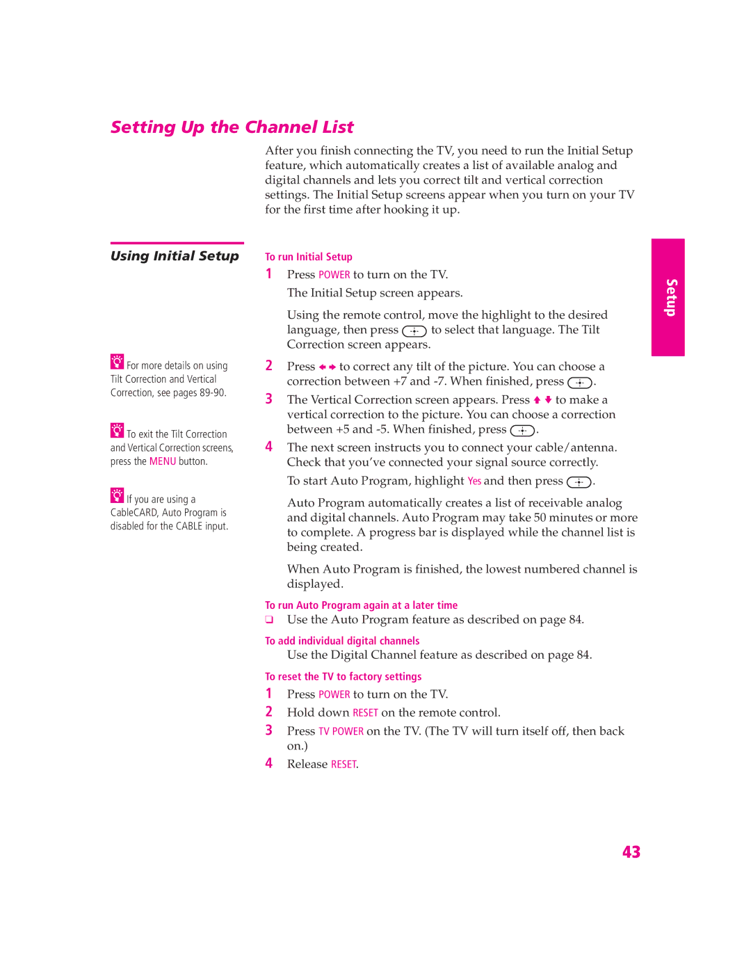 Sony KD-30XS955, KD-32XS945, KD-34SX955, KD-36SX955 manual Setting Up the Channel List, Using Initial Setup 