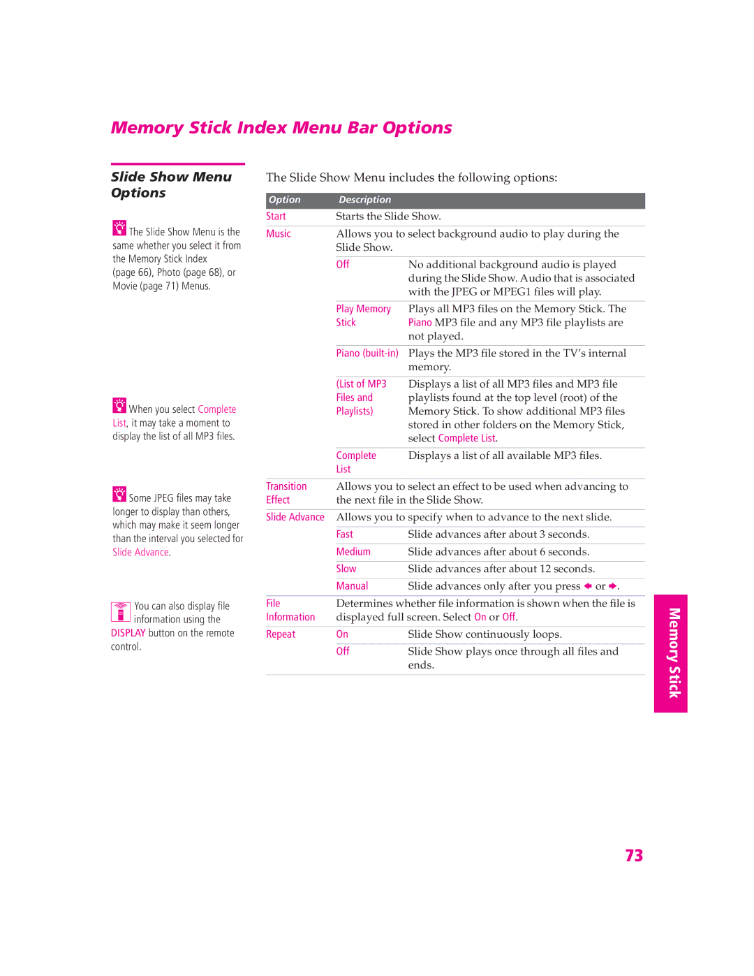 Sony KD-30XS955, KD-32XS945, KD-34SX955, KD-36SX955 manual Memory Stick Index Menu Bar Options, Slide Show Menu Options 