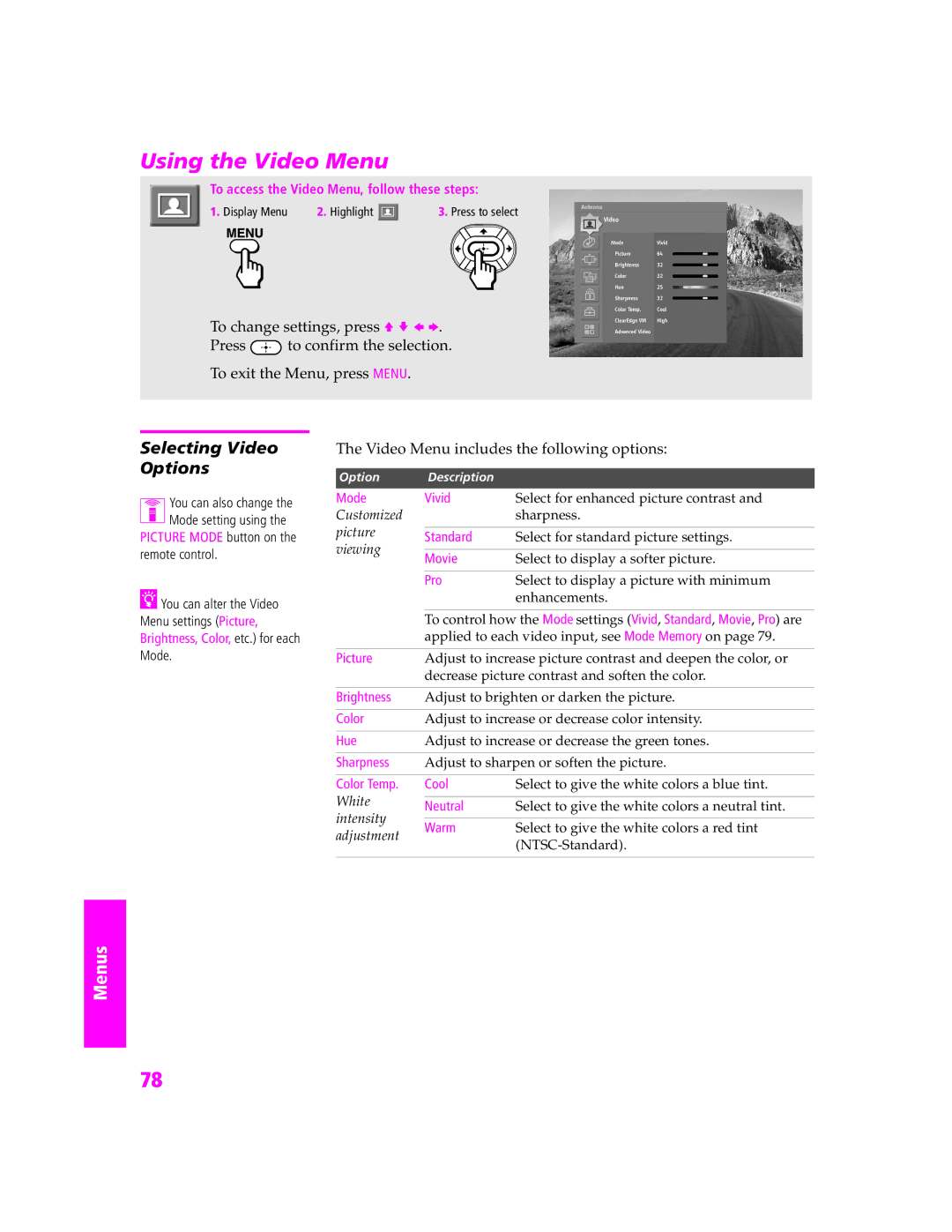 Sony KD-30XS955, KD-32XS945, KD-34SX955, KD-36SX955 manual Using the Video Menu, Selecting Video Options 