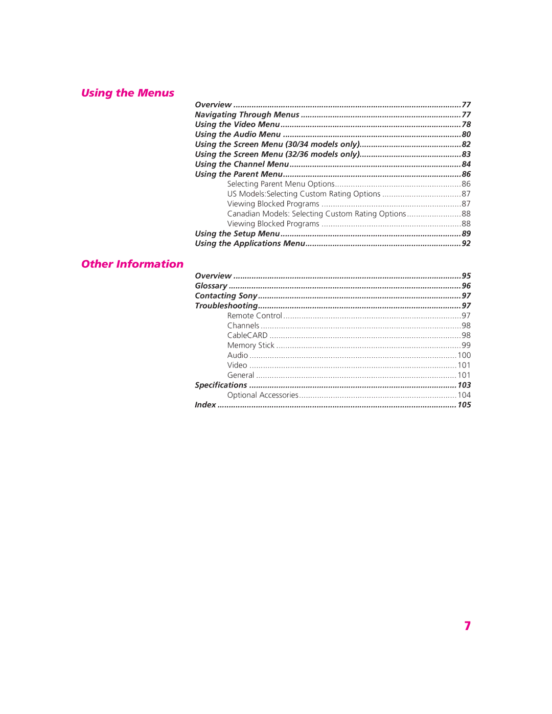 Sony KD-30XS955, KD-32XS945, KD-34SX955, KD-36SX955 manual Using the Menus 