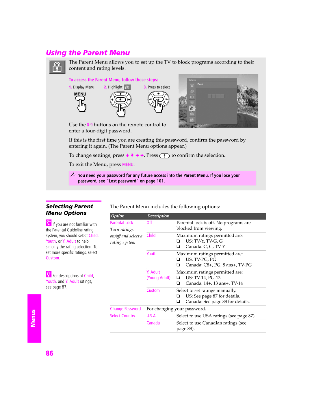 Sony KD-30XS955, KD-32XS945, KD-34SX955, KD-36SX955 manual Using the Parent Menu, Selecting Parent Menu Options 