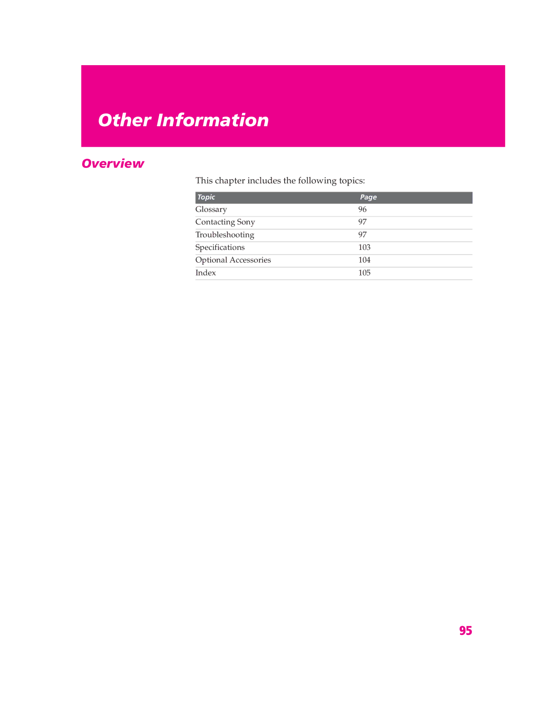 Sony KD-30XS955, KD-32XS945, KD-34SX955, KD-36SX955 manual Other Information, This chapter includes the following topics 