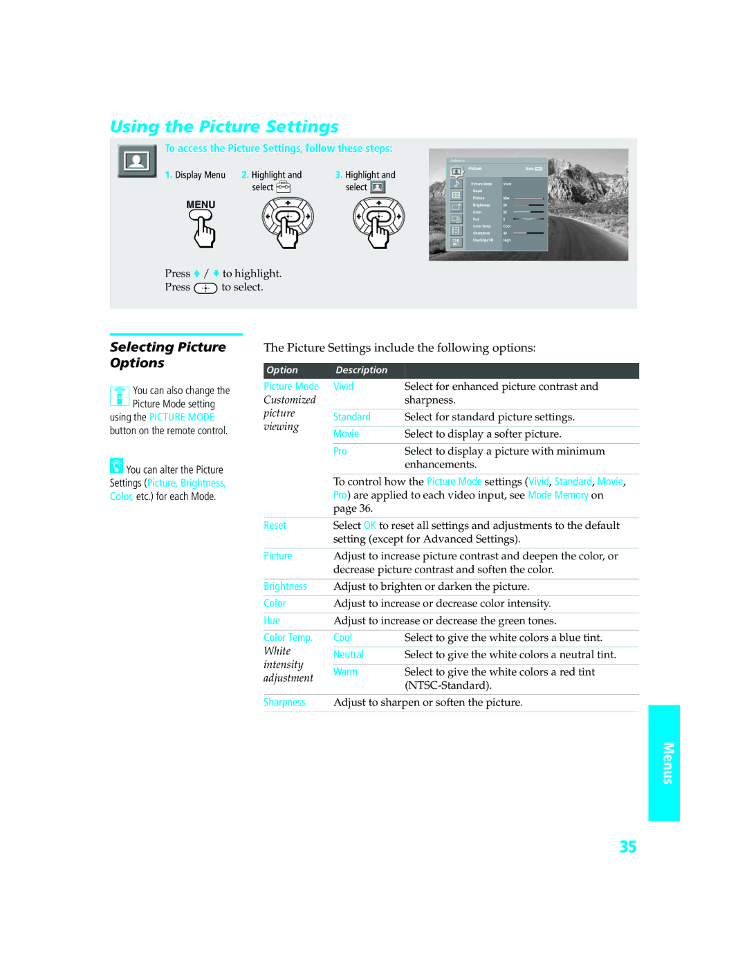 Sony KD-34XBR970 Using the Picture Settings, Selecting Picture Options, Picture Settings include the following options 