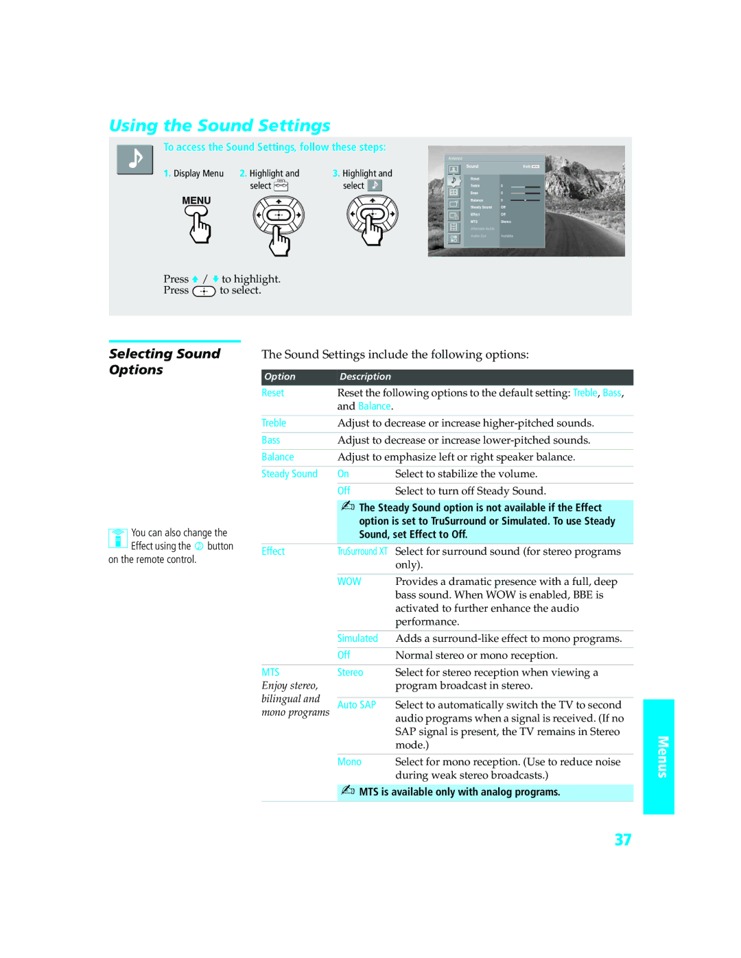 Sony KD-34XBR970 manual Using the Sound Settings, Selecting Sound Options, Sound Settings include the following options 