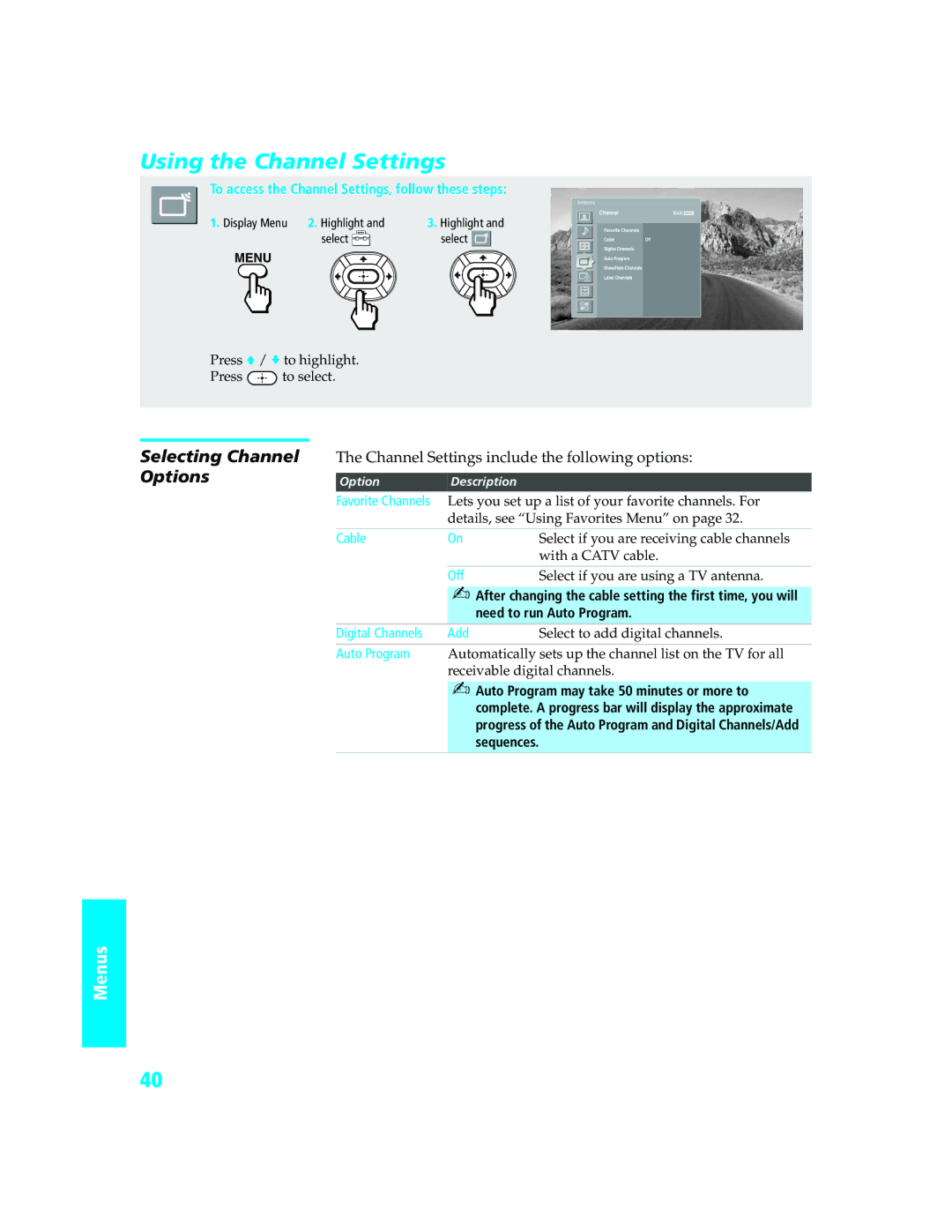 Sony KD-34XBR970 Using the Channel Settings, Selecting Channel Options, Channel Settings include the following options 