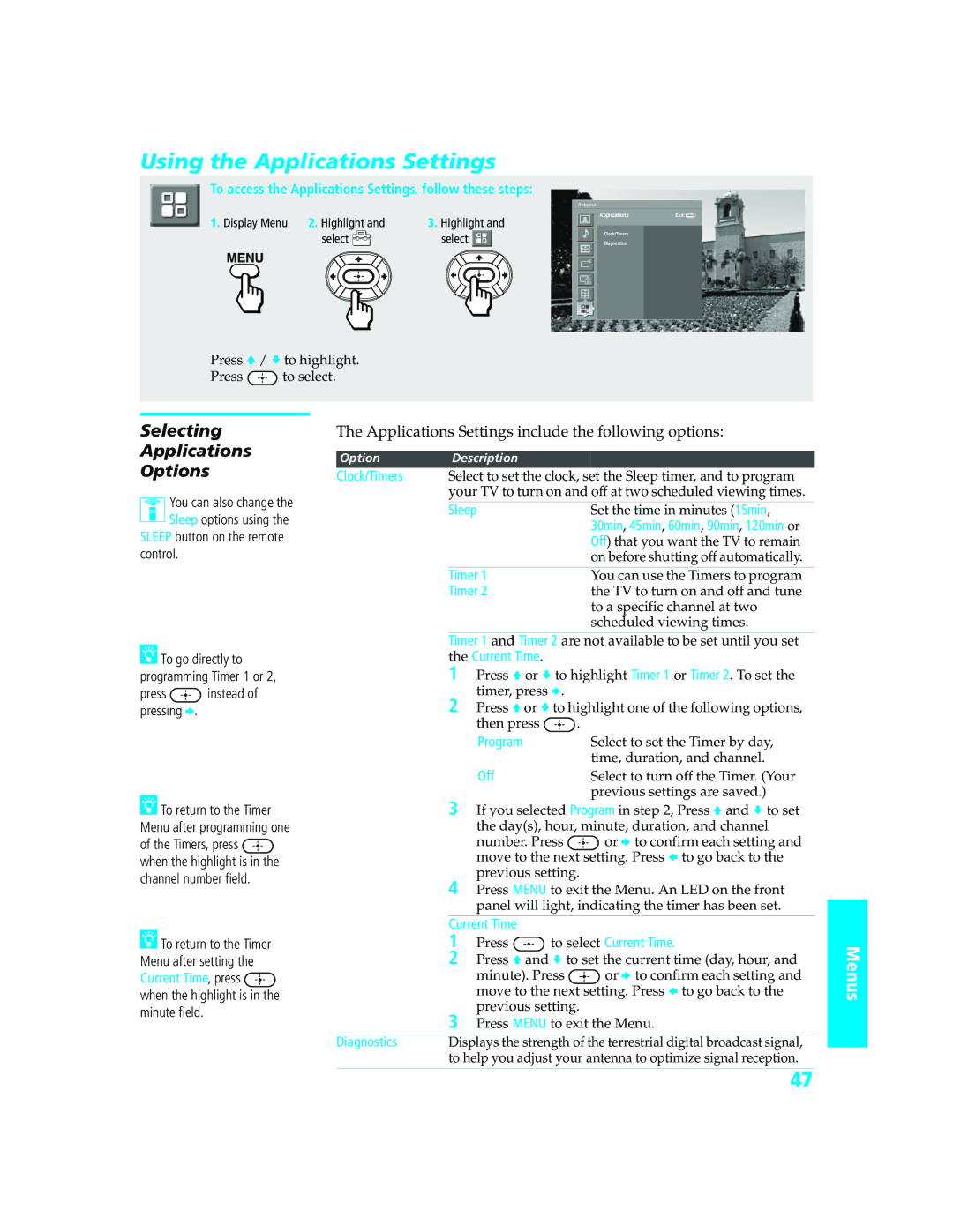 Sony KD-34XBR970 manual Using the Applications Settings, Selecting Applications Options 