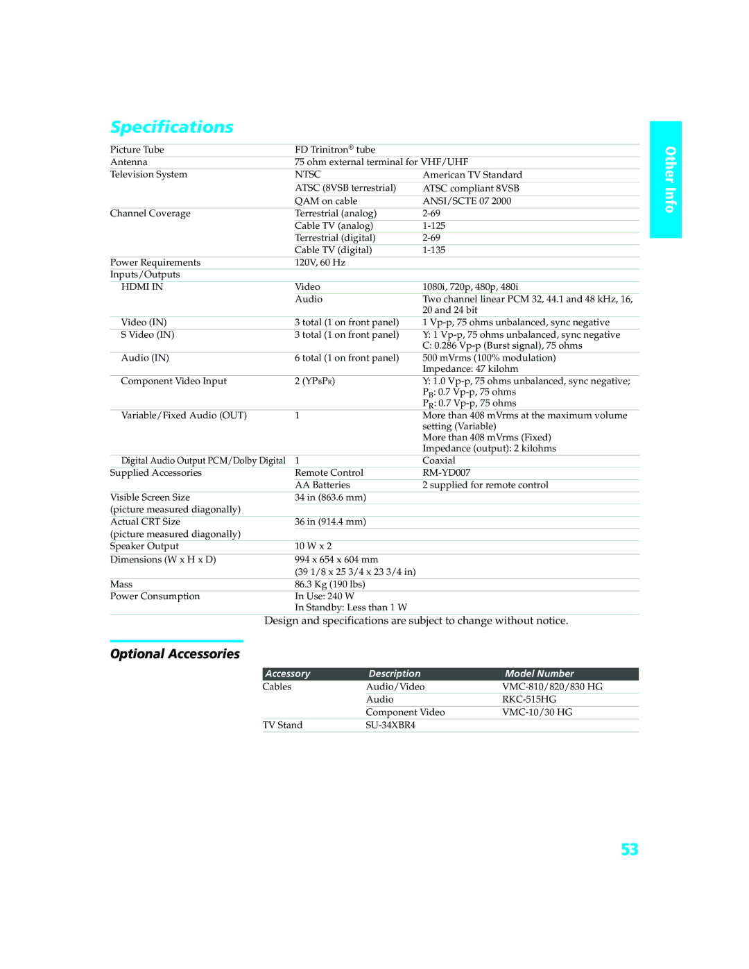 Sony KD-34XBR970 manual Specifications, Optional Accessories 