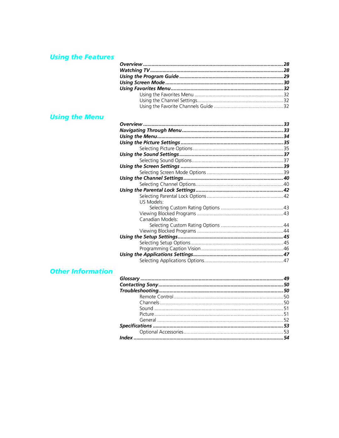 Sony KD-34XBR970 manual Using the Features 