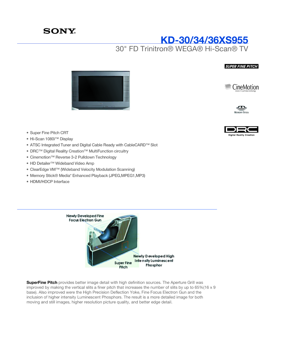 Sony KD-36XS955, TRINITRON WEGA manual KD-30/34/36XS955, FD Trinitron Wega Hi-Scan TV 