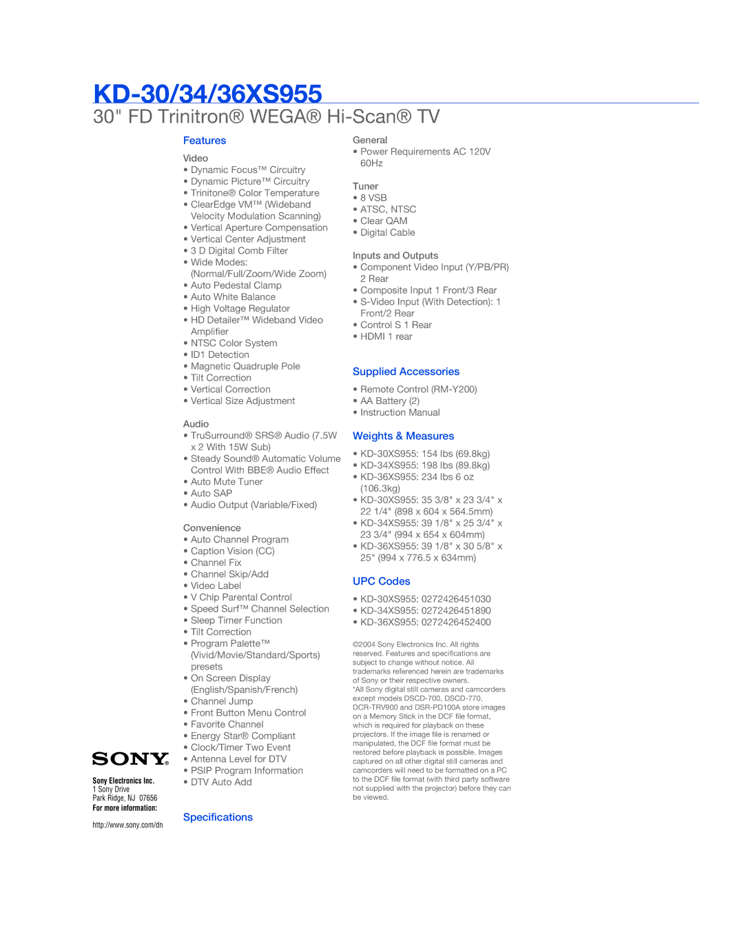 Sony TRINITRON WEGA, KD-36XS955, KD-30, 34 Features, Specifications, Supplied Accessories, Weights & Measures, UPC Codes 