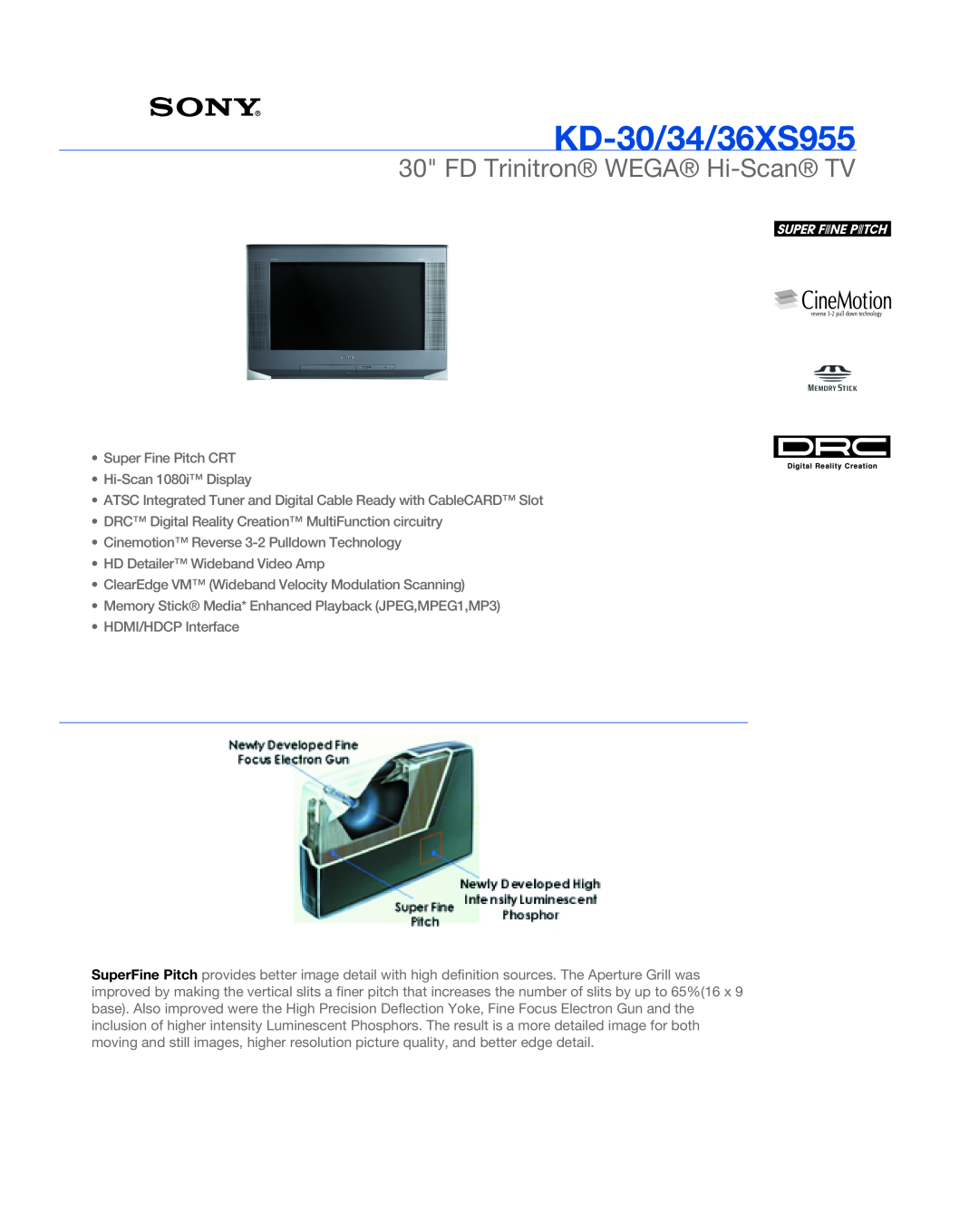 Sony KD-36XS955, TRINITRON WEGA manual KD-30/34/36XS955, FD Trinitron WEGA Hi-Scan TV 