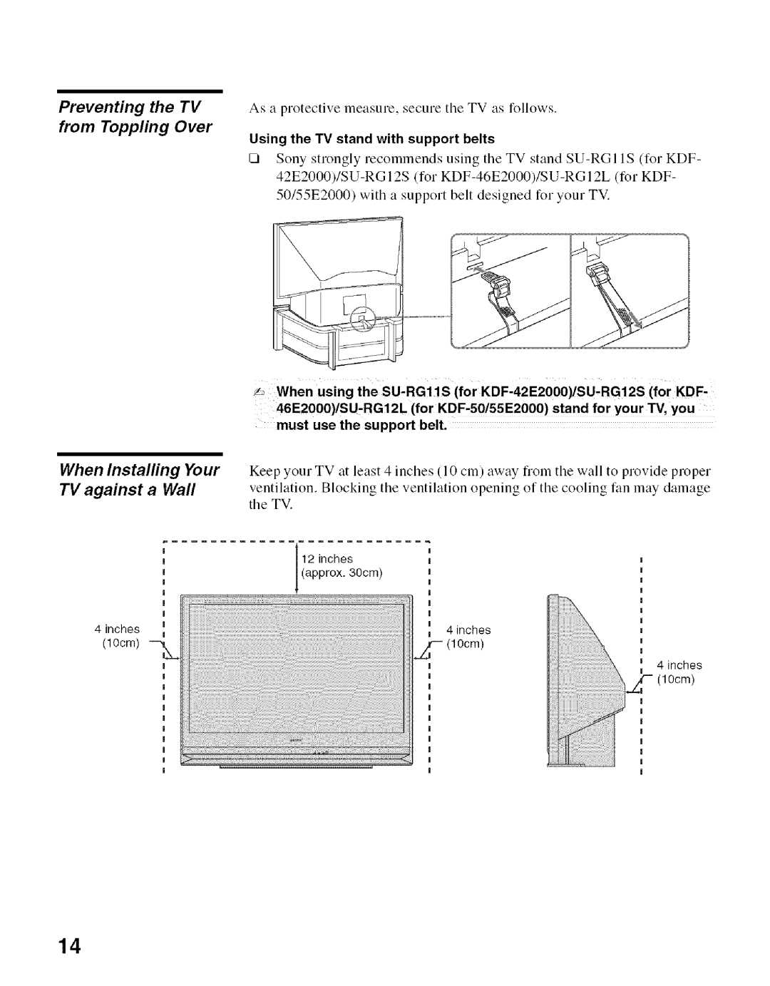 Sony KDF-50E2000, KDF-55E2000 manual Preventing, From Toppling, Over, When Instalfing Your TV against a Wall 