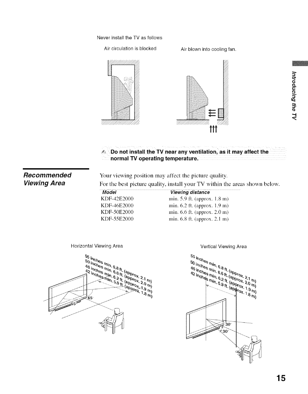 Sony KDF-55E2000, KDF-50E2000 manual Recommended, TV operating Temperature, Horizontal Viewing Area 