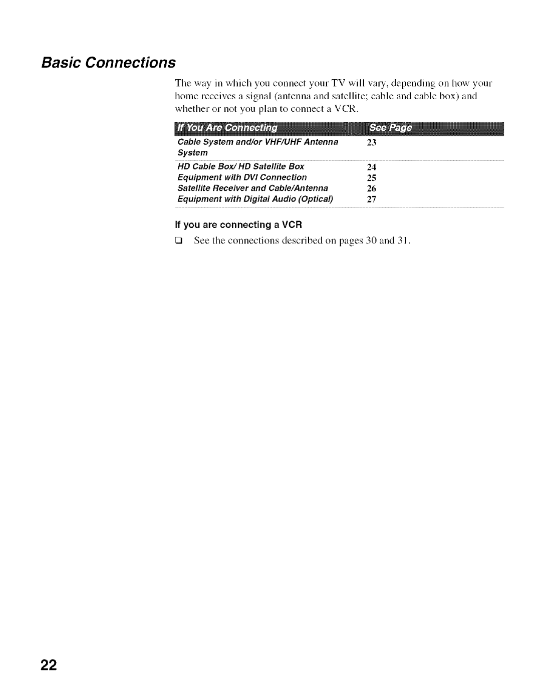 Sony KDF-50E2000, KDF-55E2000 manual Basic Connections, If you are connecting a VCR 