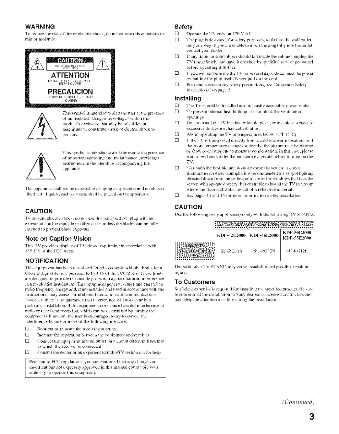 Sony KDF-55E2000, KDF-50E2000 manual Safety, Installing, To Customers 