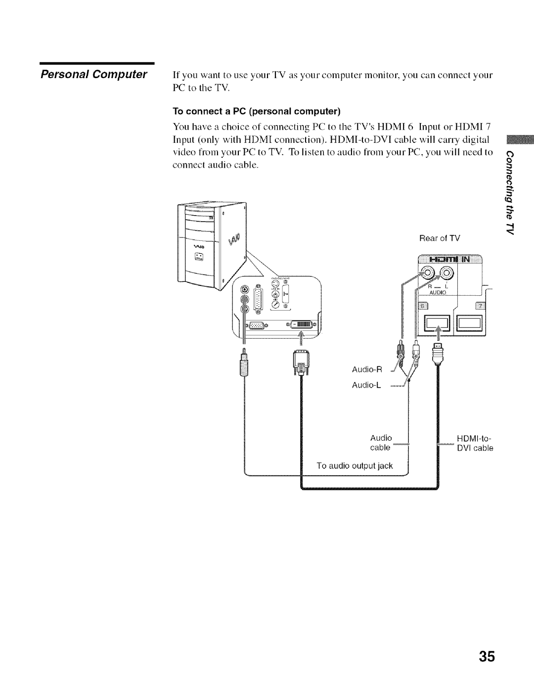 Sony KDF-55E2000, KDF-50E2000 manual To connect a PC personal computer, Rear of TV HDMI-to DVI cable 