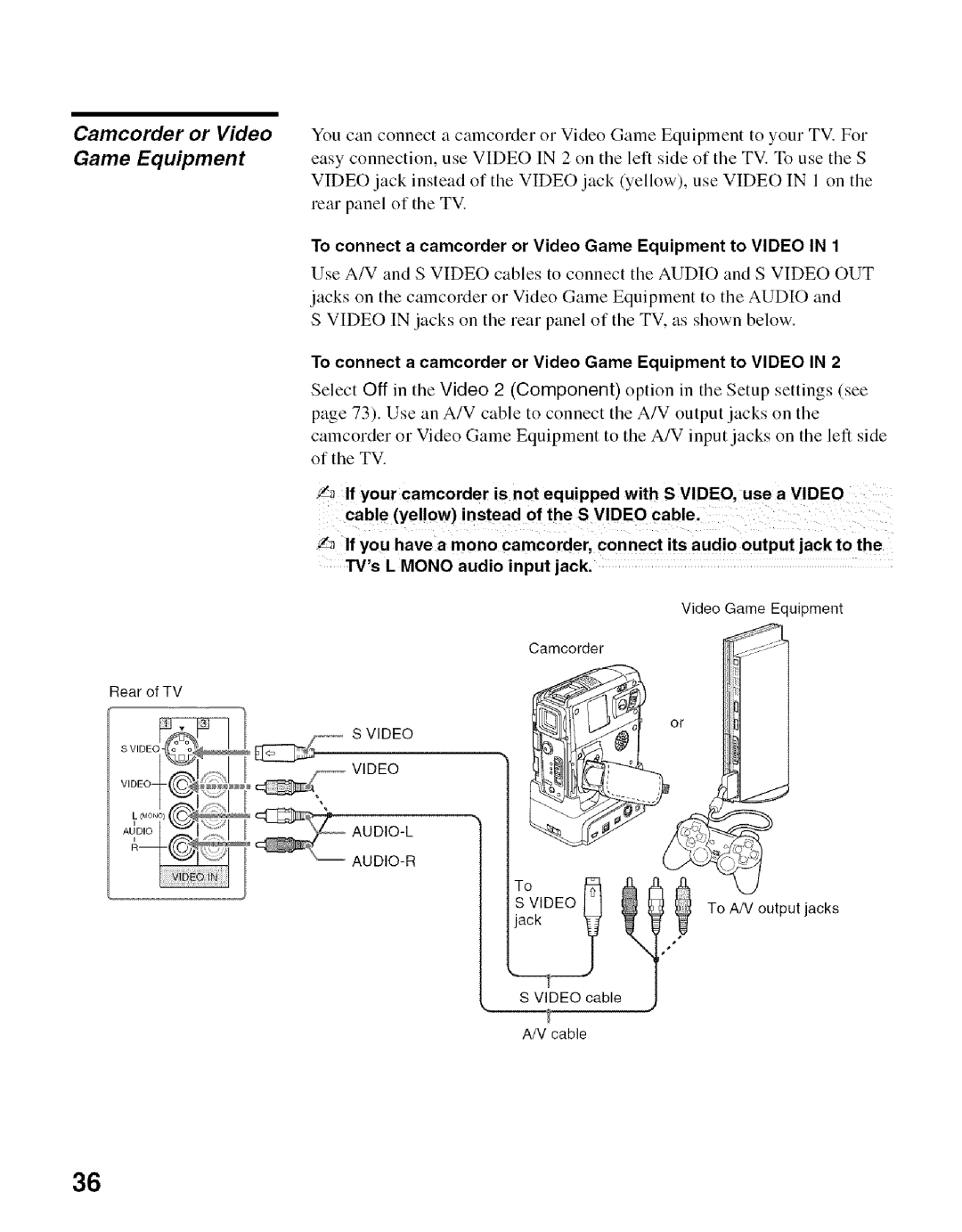 Sony KDF-50E2000, KDF-55E2000 manual Camcorder or Video, To connect a camcorder or Video Game Equipment to Video 