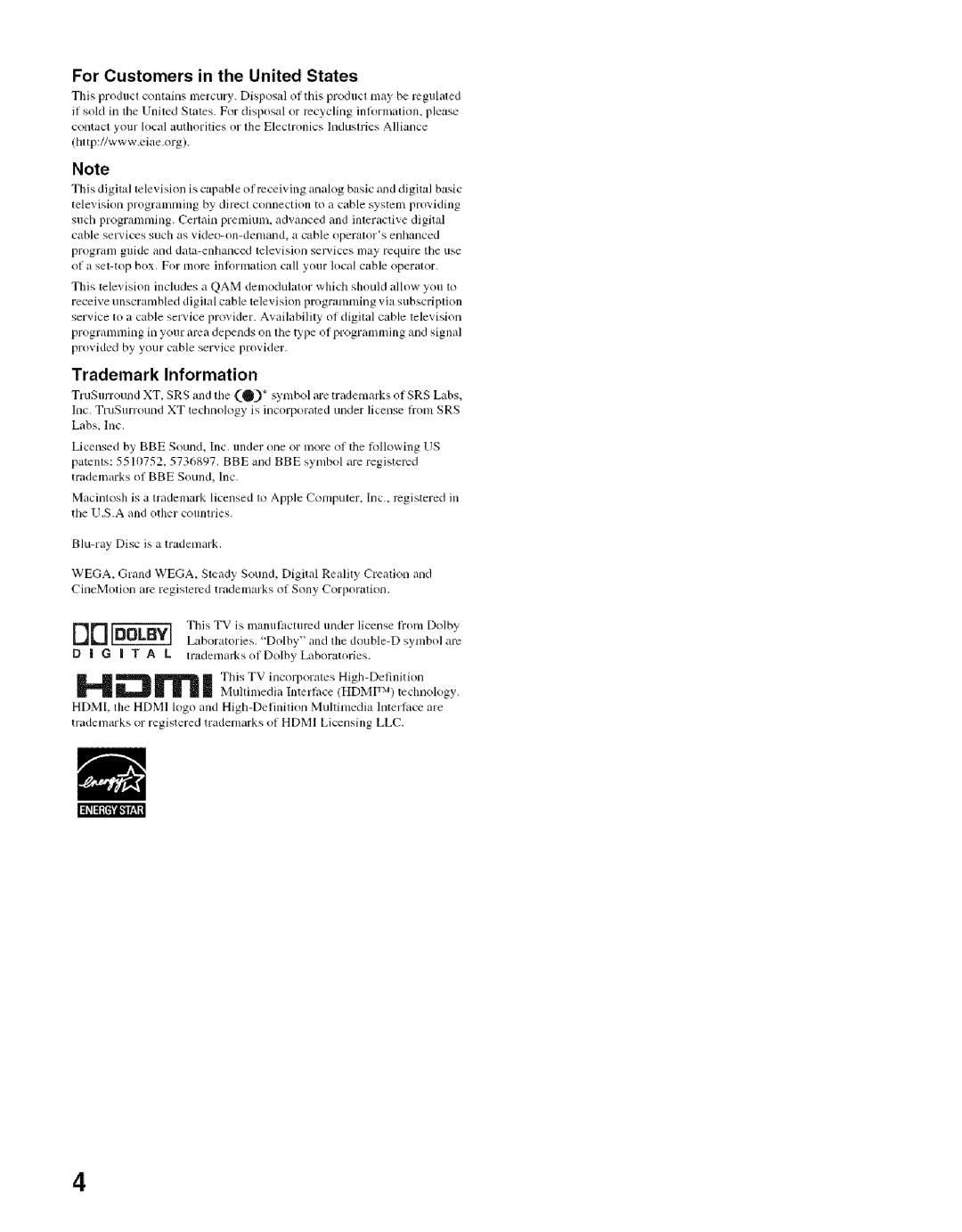 Sony KDF-50E2000, KDF-55E2000 manual For Customers in the United States, Trademark Information 