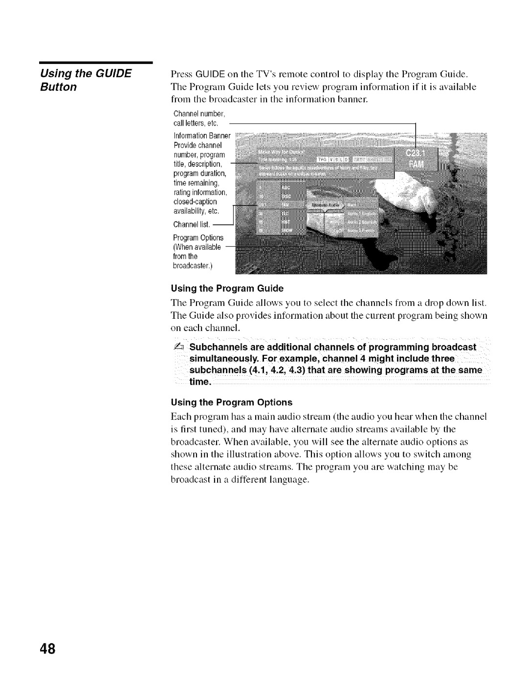 Sony KDF-50E2000, KDF-55E2000 manual Using the Guide Button, Using the Program Guide 