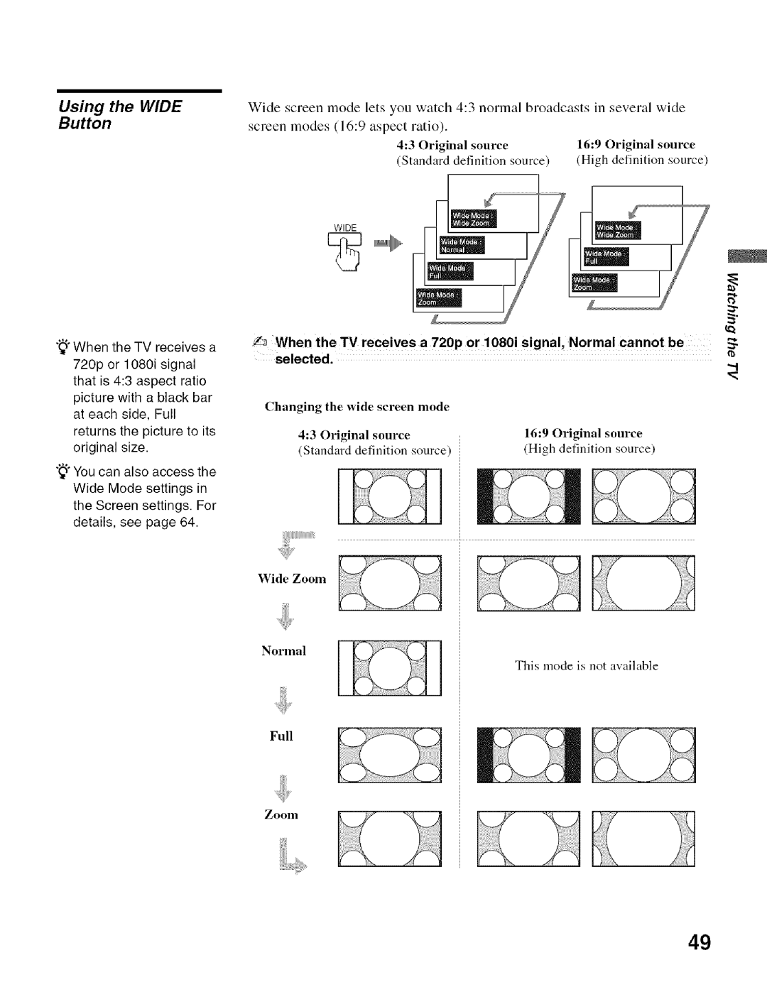 Sony KDF-55E2000, KDF-50E2000 manual Using the Wide, Button 