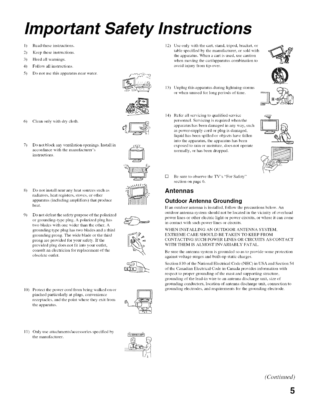 Sony KDF-55E2000, KDF-50E2000 manual Important Safety, Outdoor Antenna Grounding 