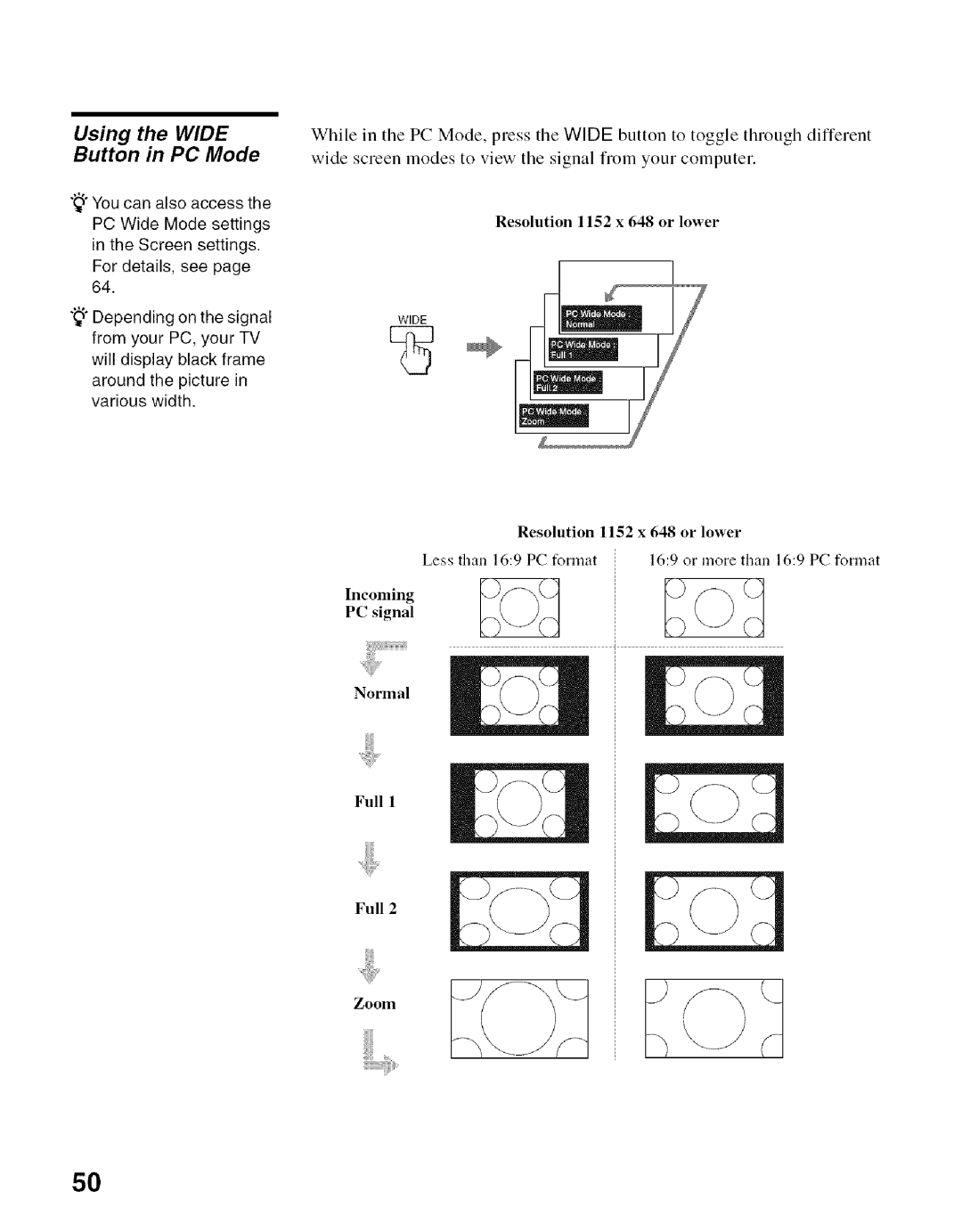 Sony KDF-50E2000, KDF-55E2000 manual Using the Wide Button in PC Mode 