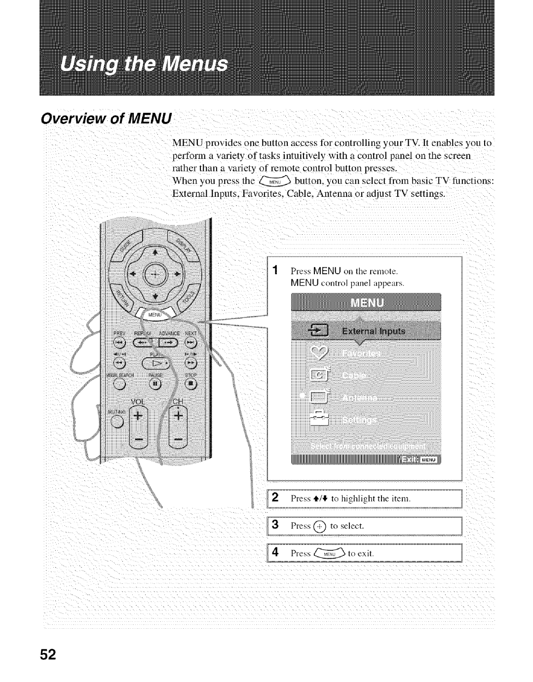 Sony KDF-50E2000, KDF-55E2000 manual Overview of Menu 