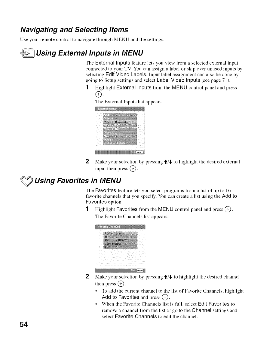 Sony KDF-50E2000, KDF-55E2000 manual Navigating and Selecting Items, Using External Inputs in Menu, Using Favorites in Menu 