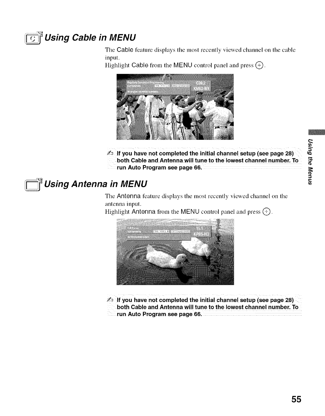 Sony KDF-55E2000, KDF-50E2000 manual Using Cable in Menu, Using Antenna in Menu 