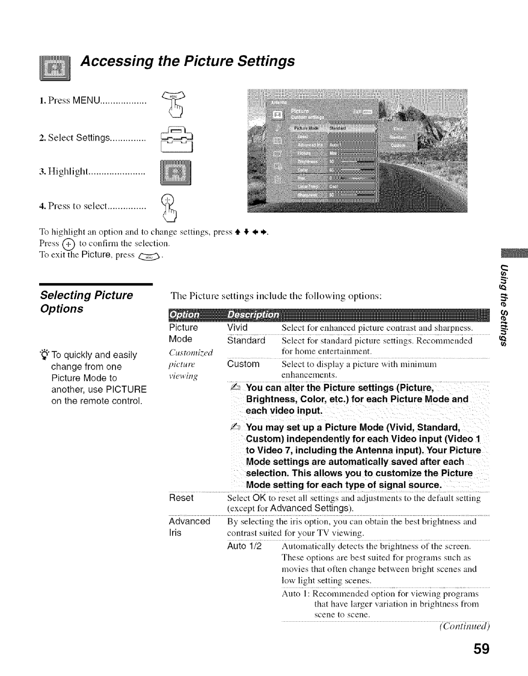 Sony KDF-55E2000, KDF-50E2000 manual Accessing Picture Settings, Press To select, Selecting Picture, Press Menu 