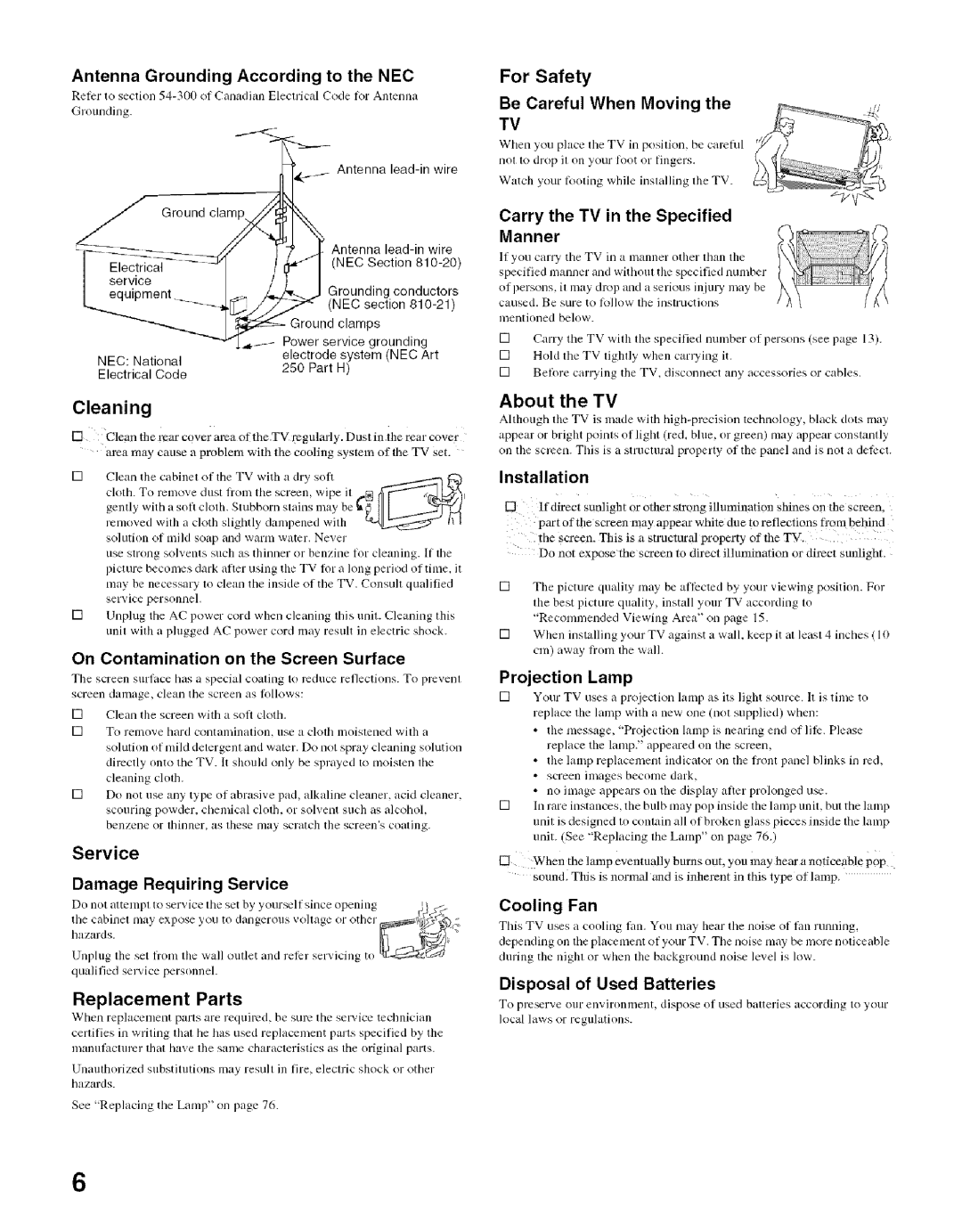 Sony KDF-50E2000 Antenna Grounding According to the NEC, Be Careful When Moving, On Contamination on the Screen Surface 