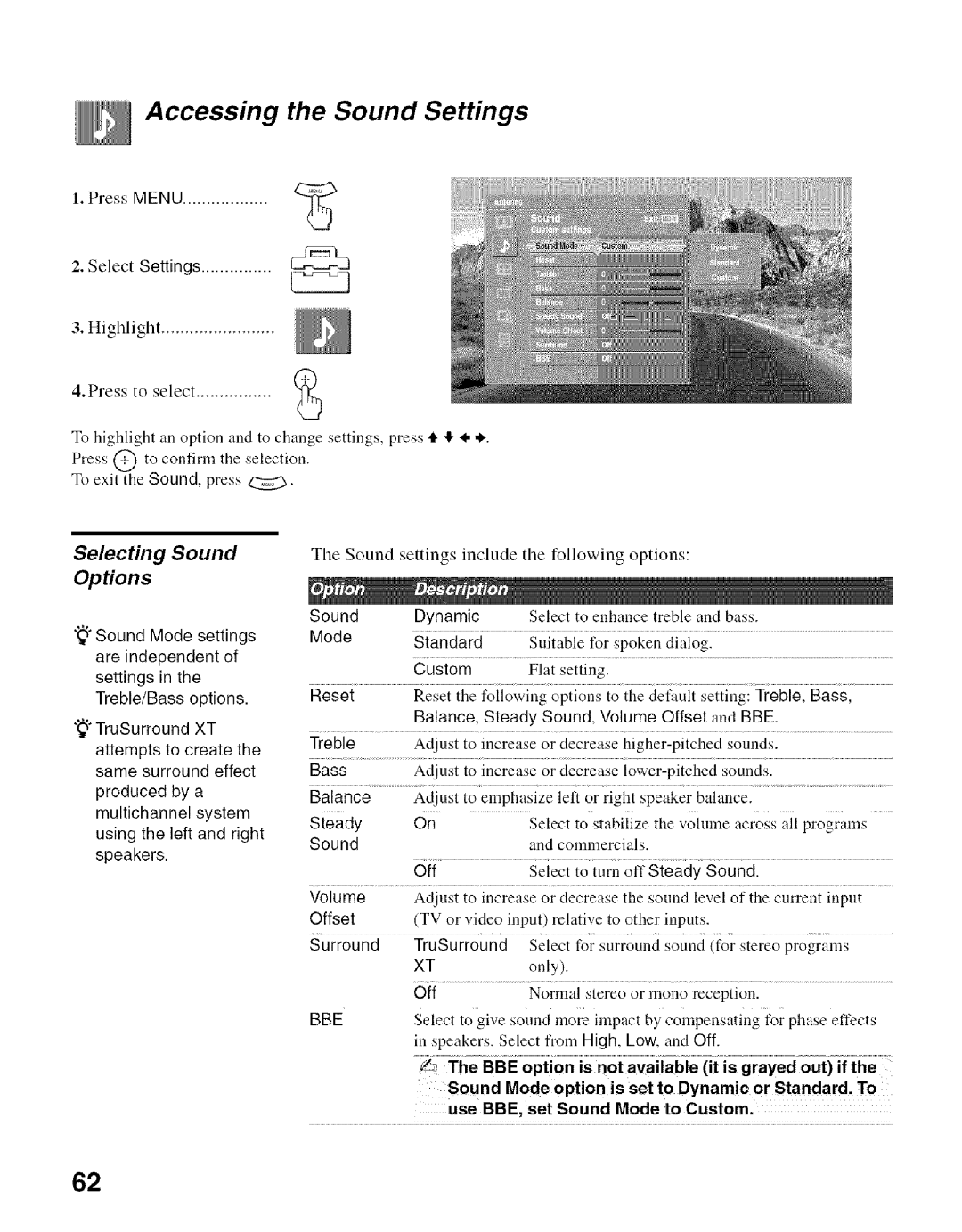 Sony KDF-50E2000, KDF-55E2000 manual Accessing the Sound Settings, Selecting Sound Options, Dynamic, Steady 