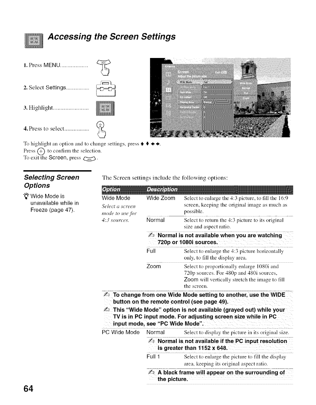 Sony KDF-50E2000 Accessing the Screen Settings, Selecting Screen, Tile Screen settings include tile following options 