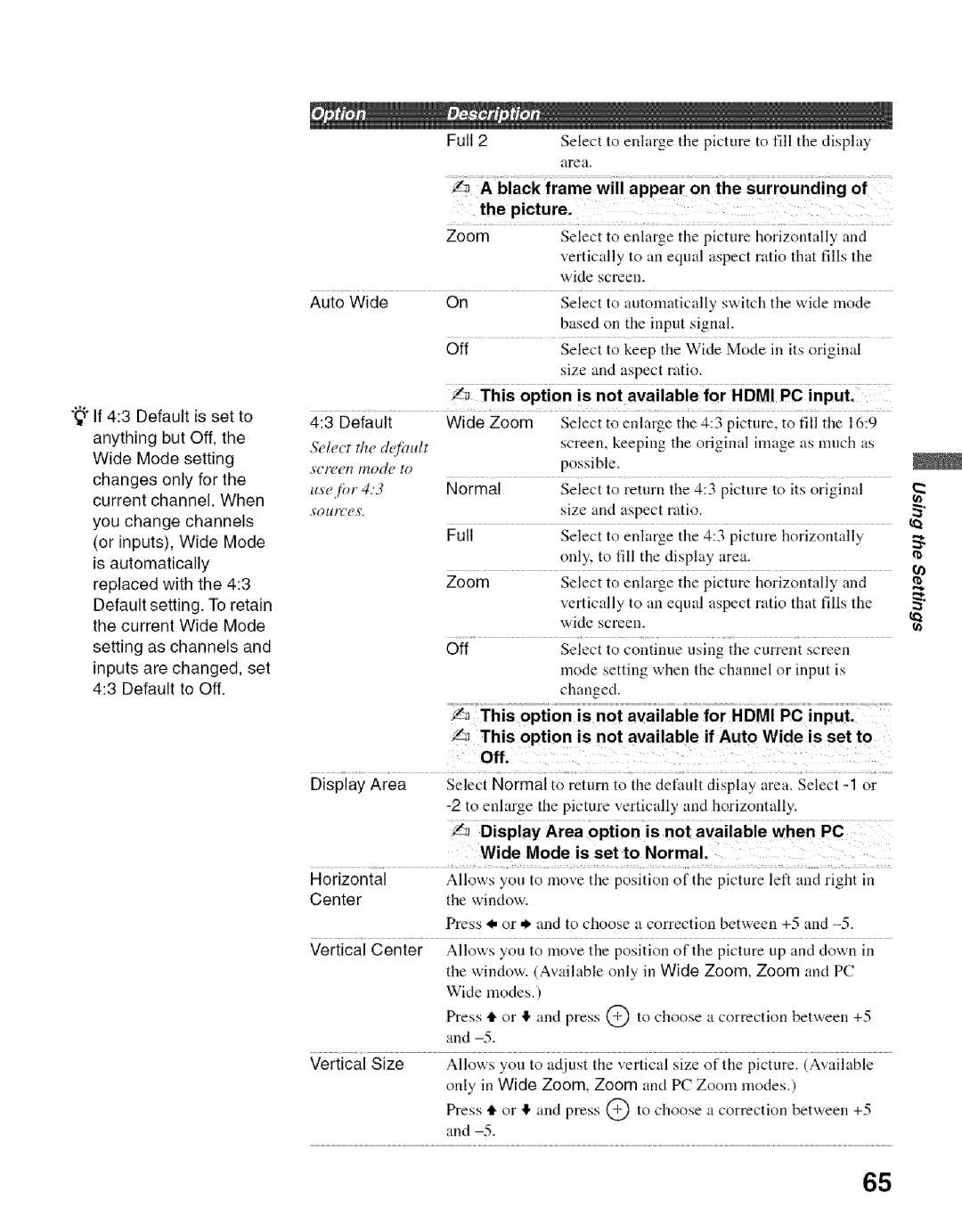 Sony KDF-55E2000, KDF-50E2000 manual Tiis oPiion is, Horizontal, Center, This option is not available if Auto Wide is set to 