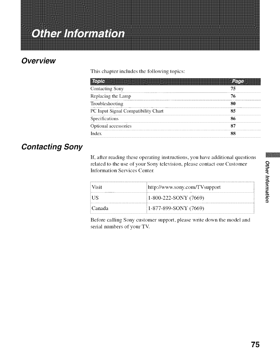 Sony KDF-55E2000, KDF-50E2000 manual Overview, Contacting Sony 