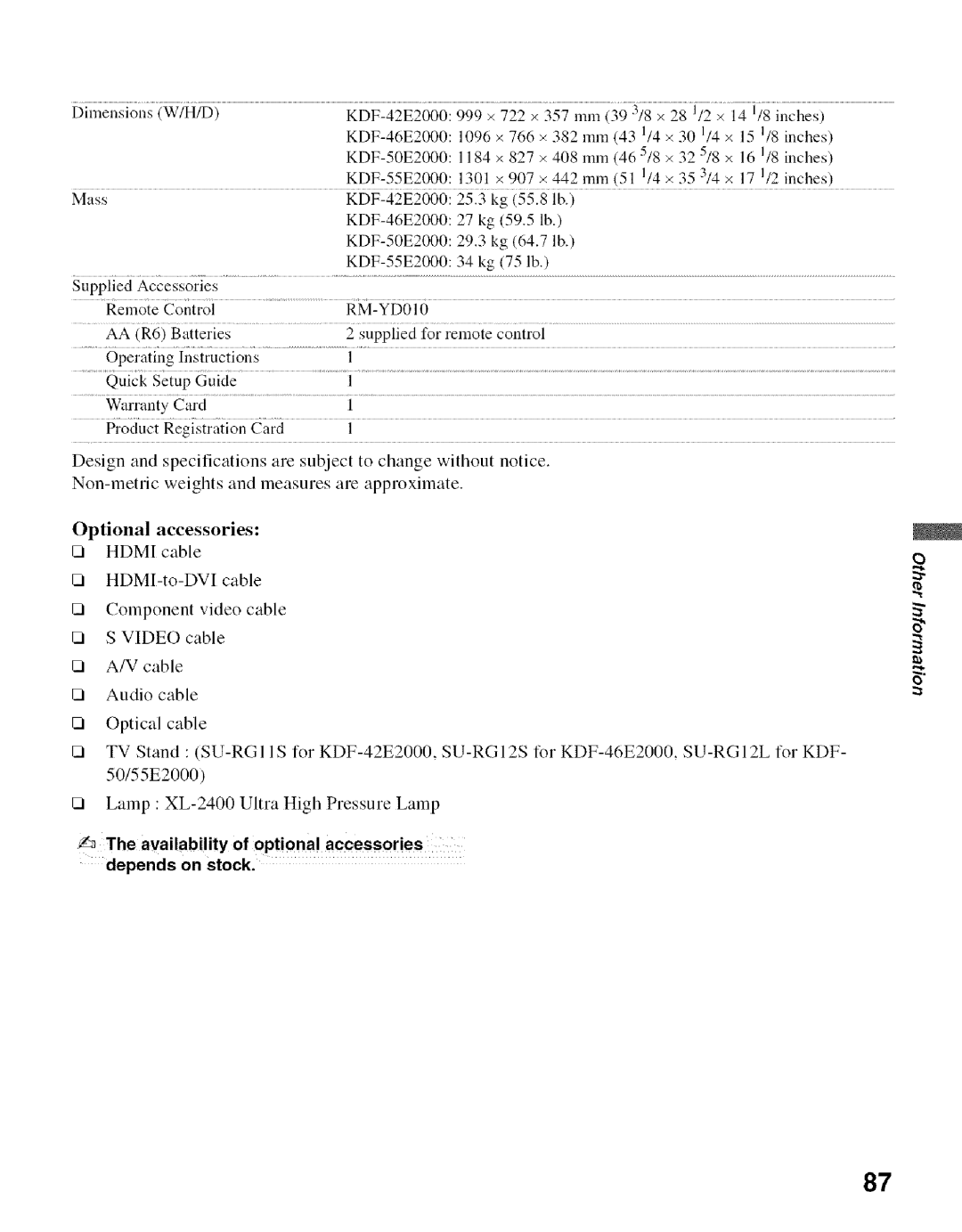 Sony KDF-55E2000, KDF-50E2000 manual Availability of optional accessories depends on stock 