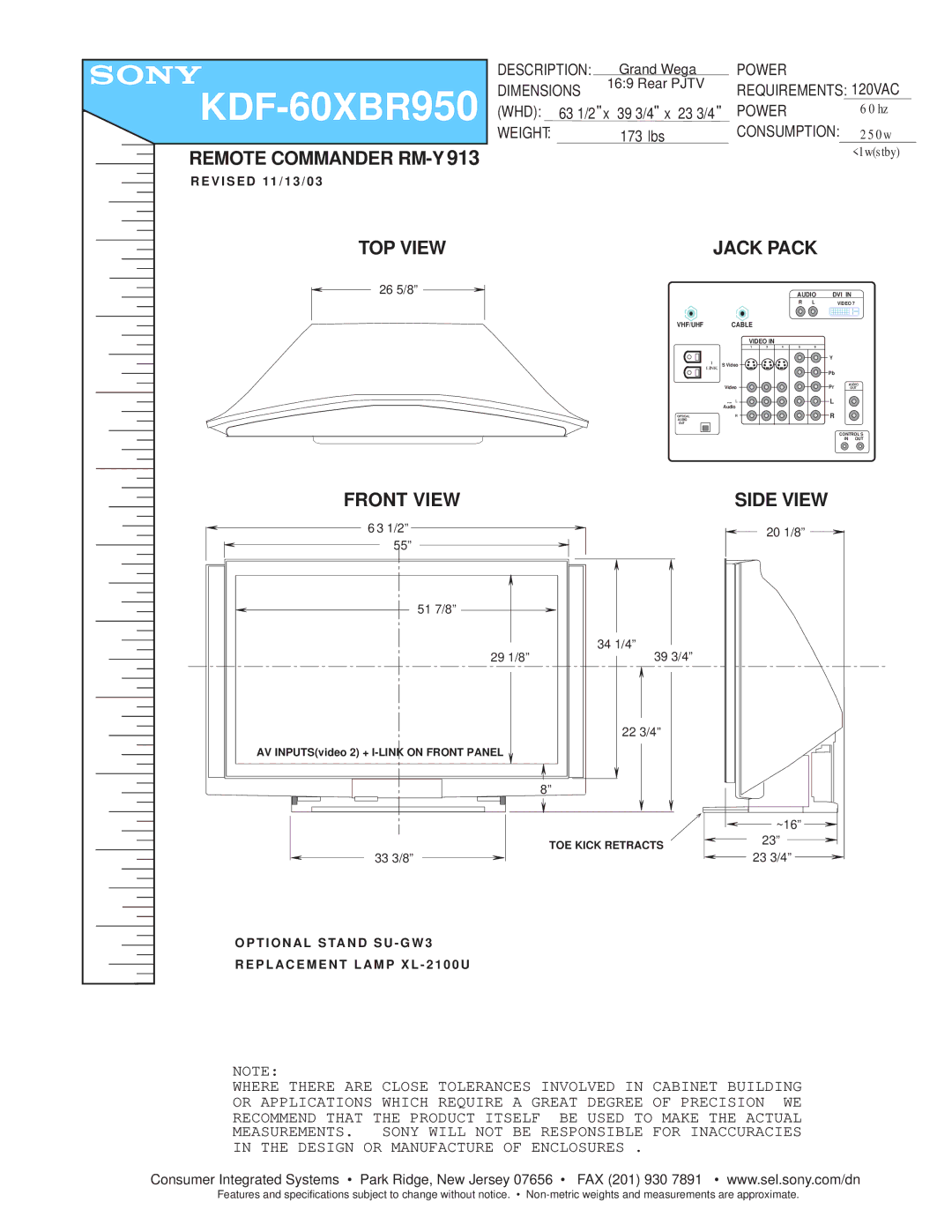 Sony KDF-60XBR950 dimensions Remote Commander RM-Y, TOP View Jack Pack, Front View, Side View 