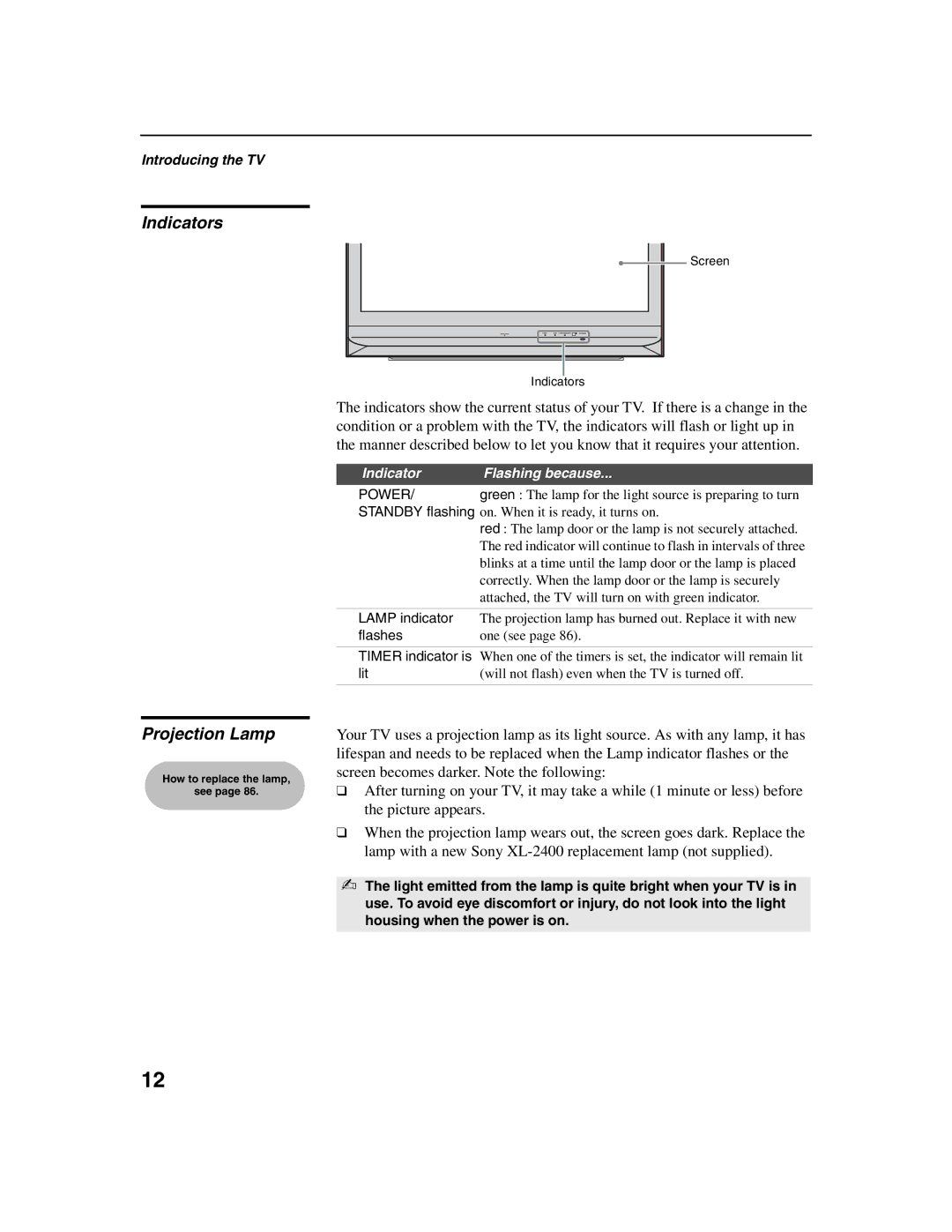 Sony KDF-E50A10, KDF-E42A10 operating instructions Indicators, Projection Lamp, Power 