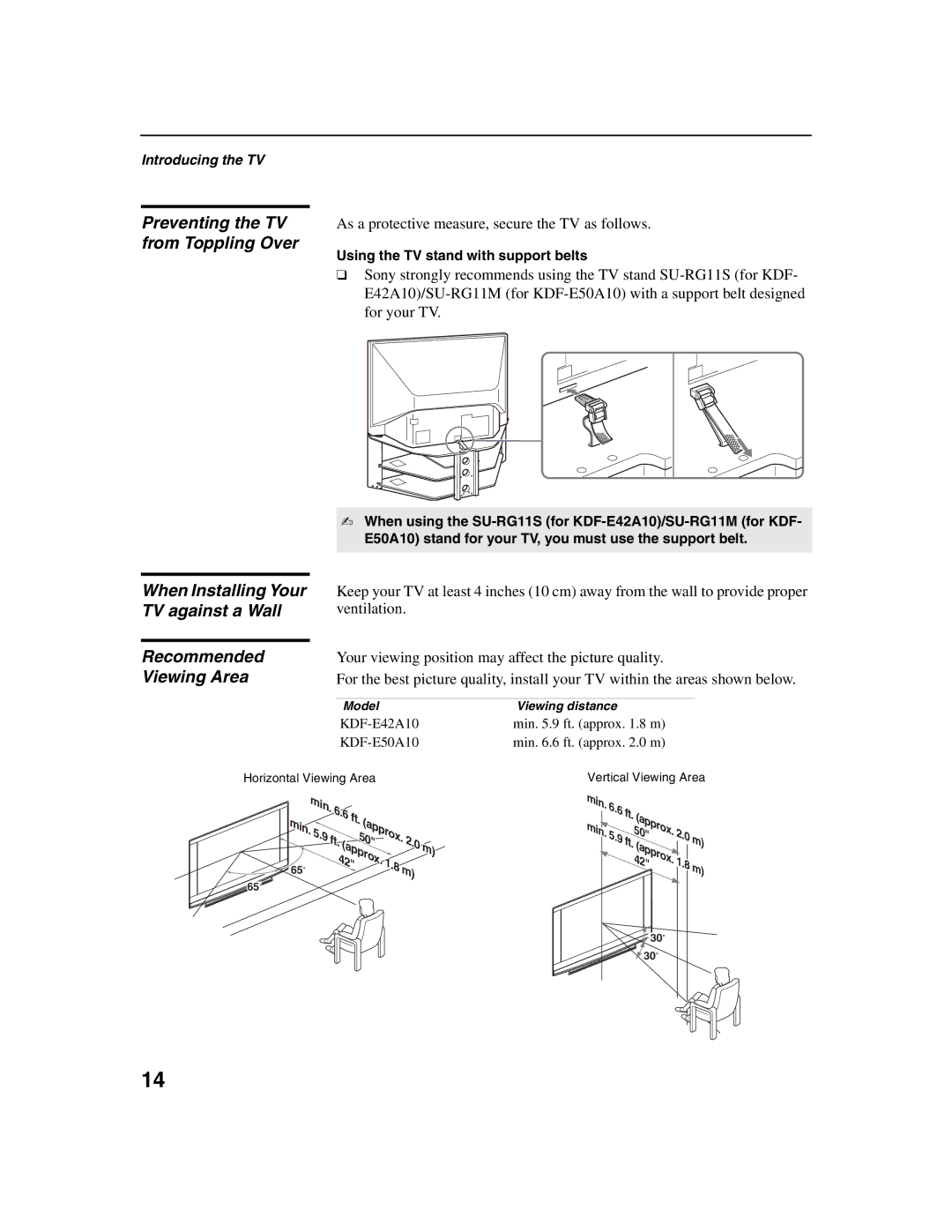 Sony KDF-E50A10, KDF-E42A10 operating instructions Recommended Viewing Area, Using the TV stand with support belts 