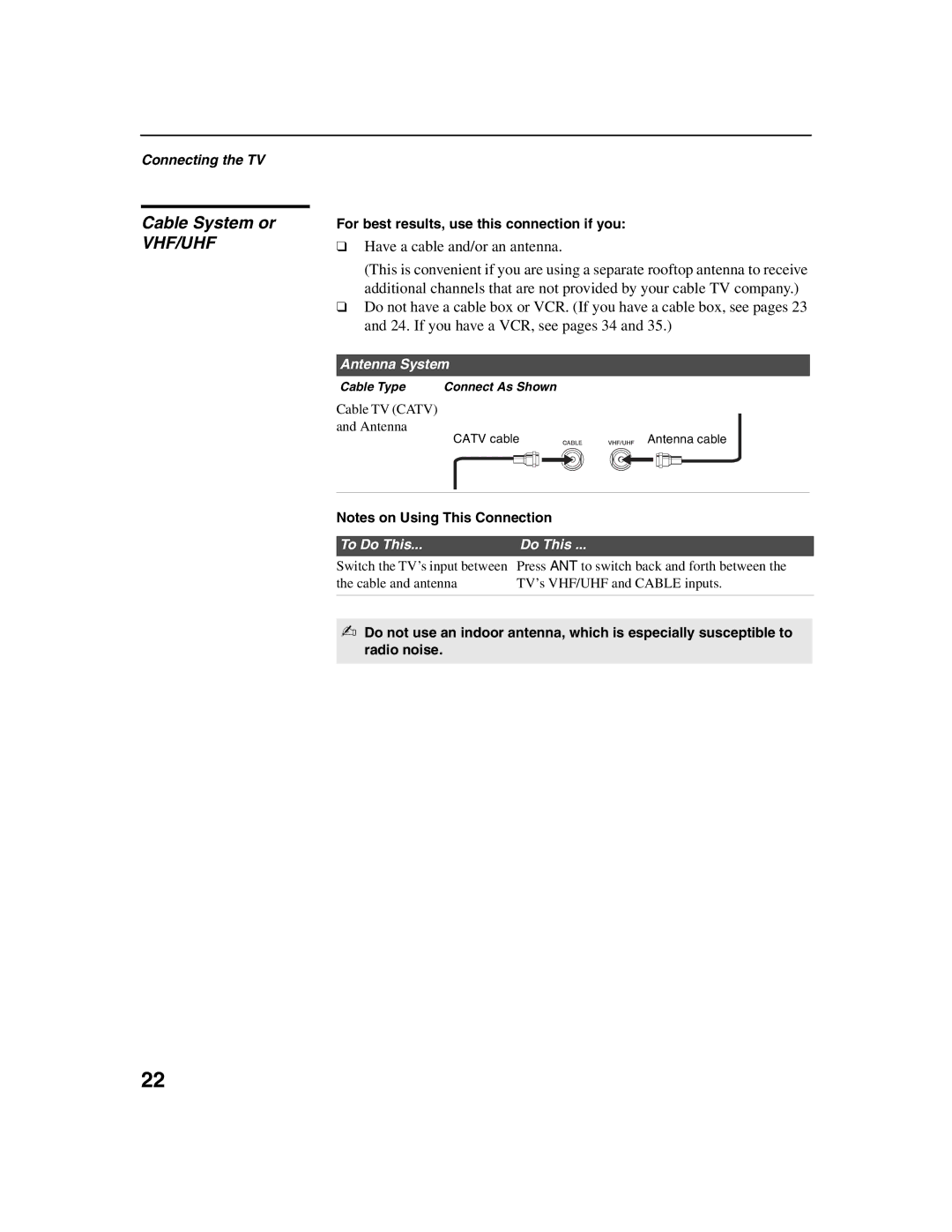 Sony KDF-E50A10, KDF-E42A10 Cable System or, Have a cable and/or an antenna, For best results, use this connection if you 