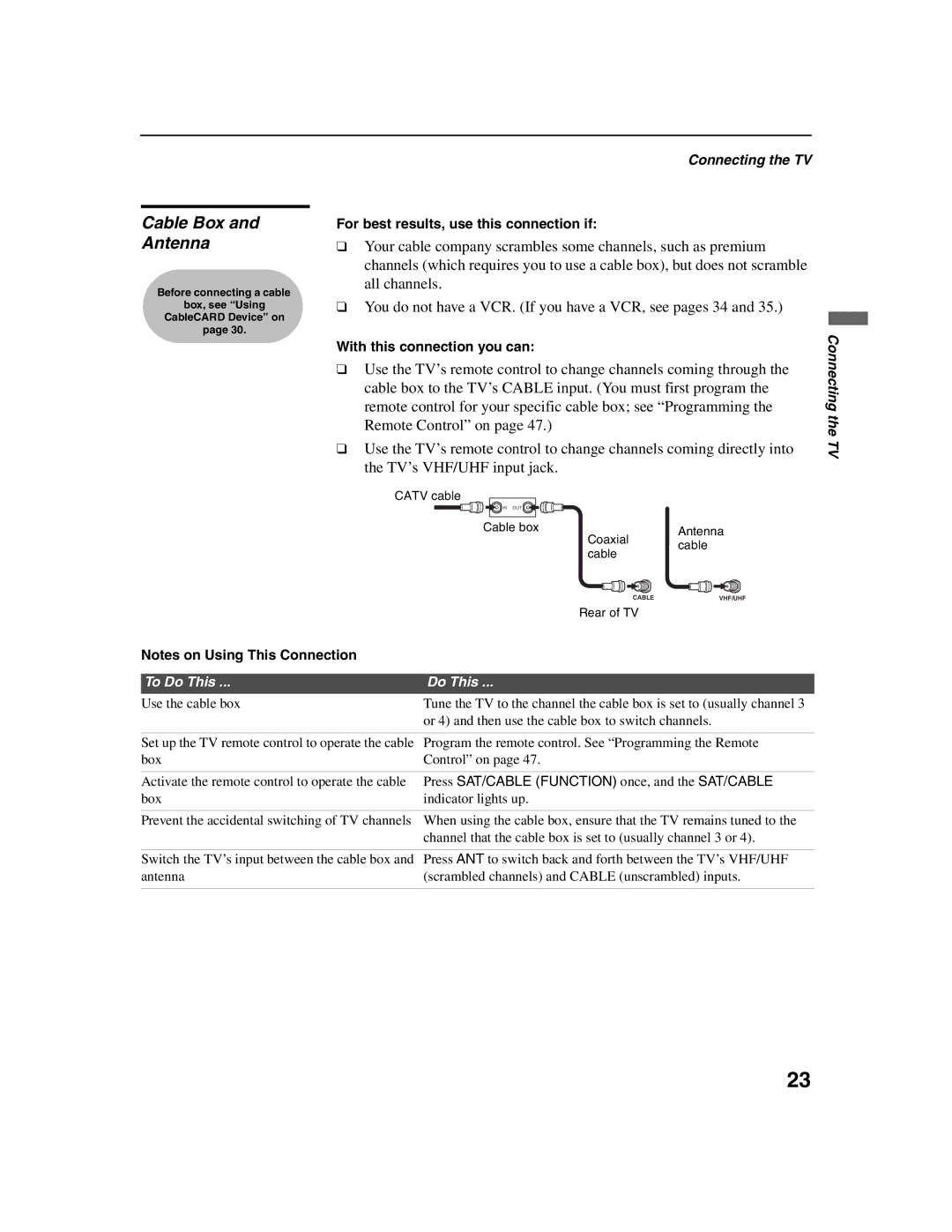 Sony KDF-E42A10, KDF-E50A10 Cable Box and Antenna, For best results, use this connection if, With this connection you can 