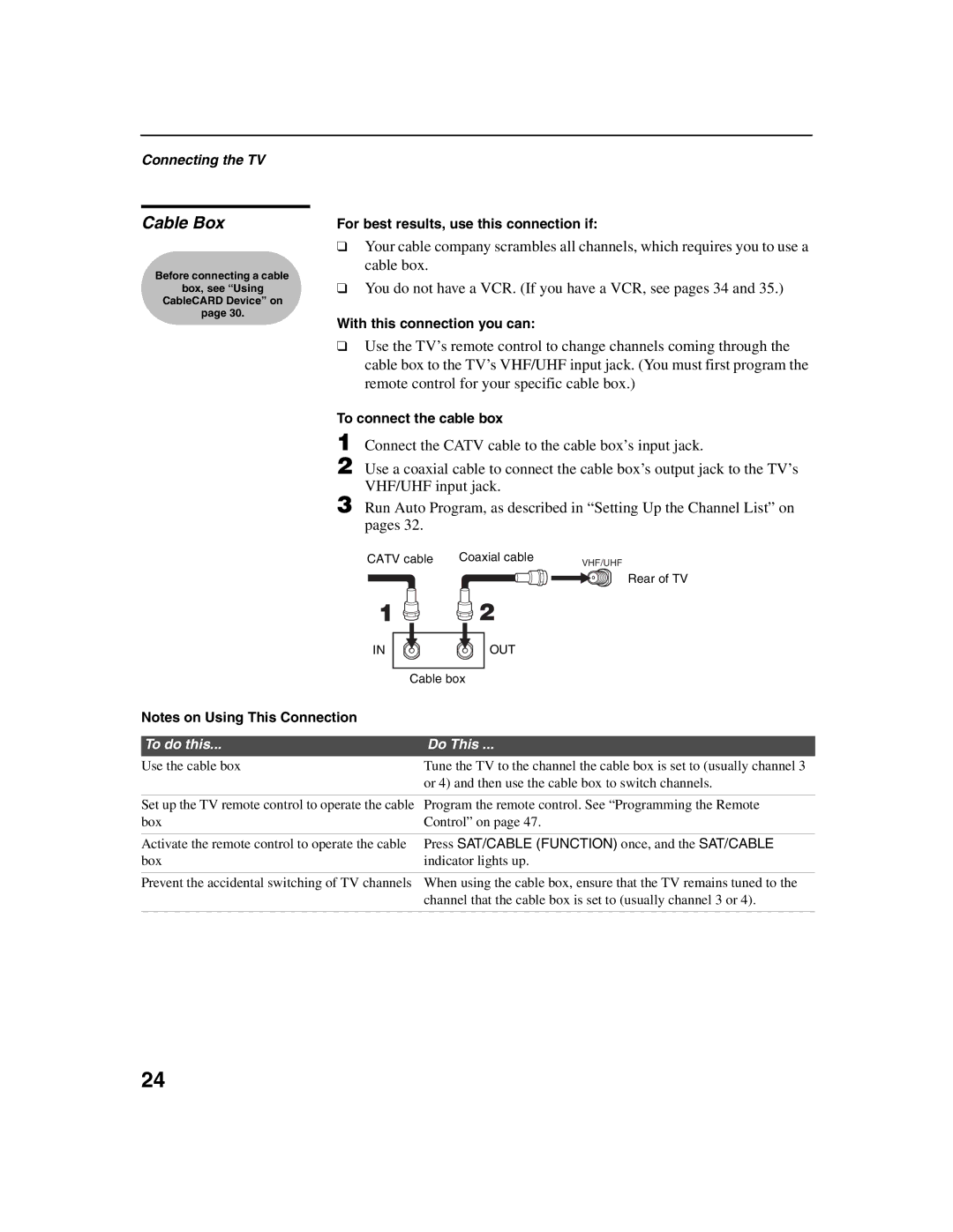 Sony KDF-E50A10, KDF-E42A10 operating instructions Cable Box, To connect the cable box 