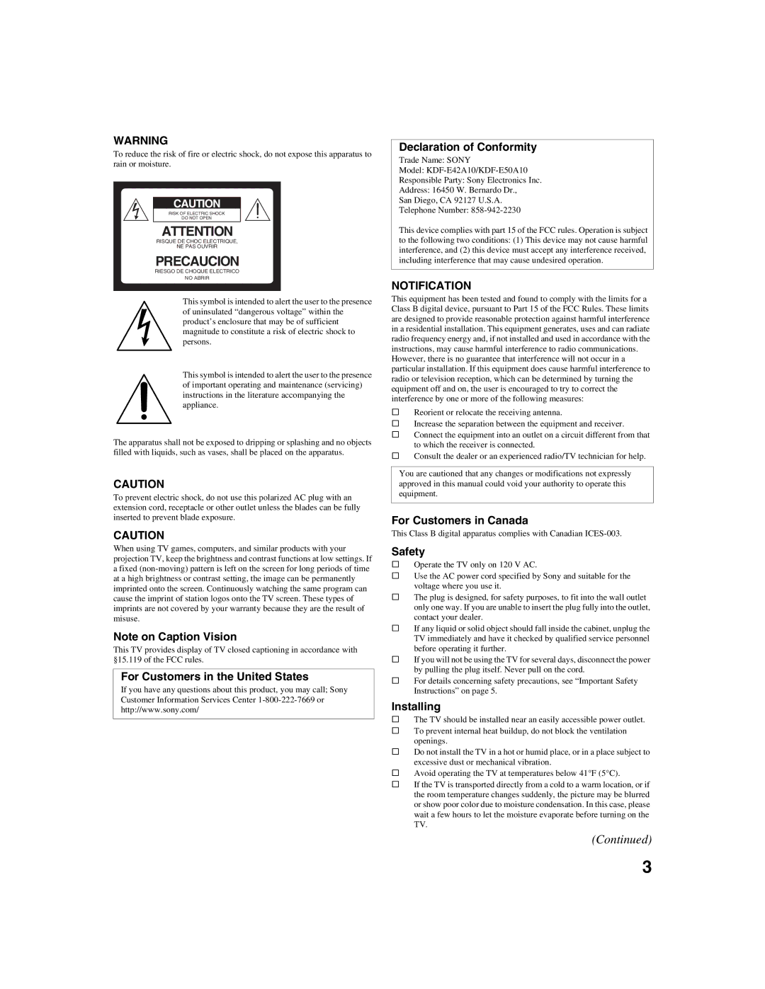 Sony KDF-E42A10, KDF-E50A10 operating instructions For Customers in Canada, Safety, Installing 