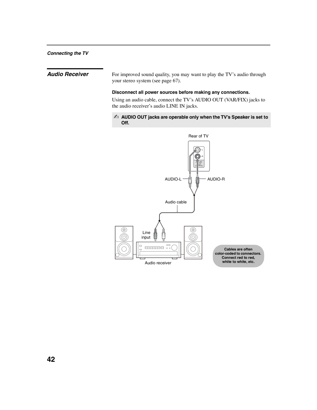 Sony KDF-E50A10, KDF-E42A10 Audio Receiver, Your stereo system see, Audio receiver’s audio Line in jacks, Off 