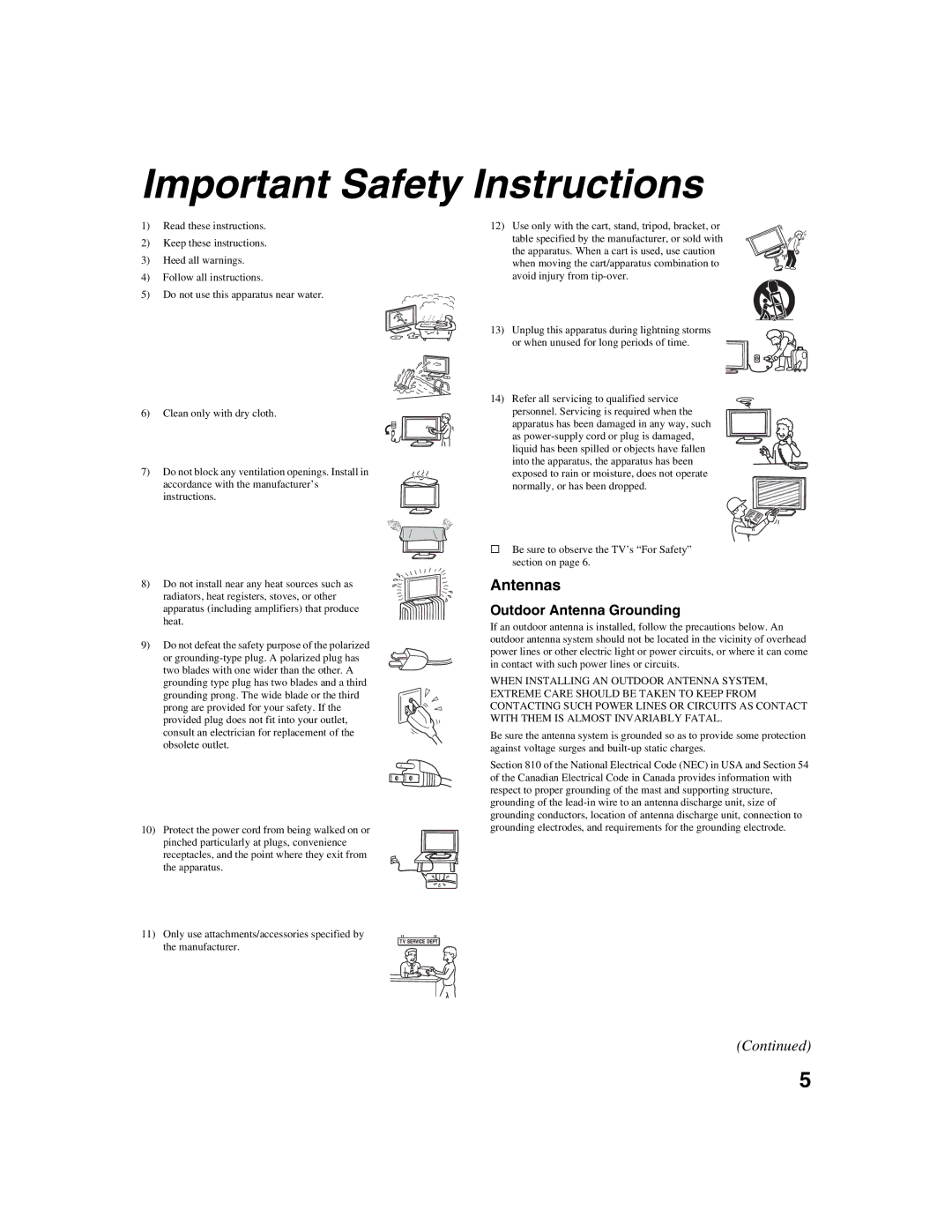 Sony KDF-E42A10, KDF-E50A10 operating instructions Important Safety Instructions, Outdoor Antenna Grounding 