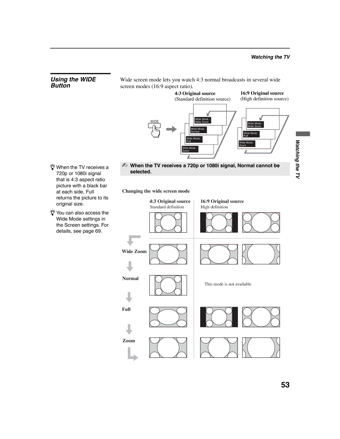 Sony KDF-E42A10, KDF-E50A10 operating instructions Using the Wide Button, Original source 