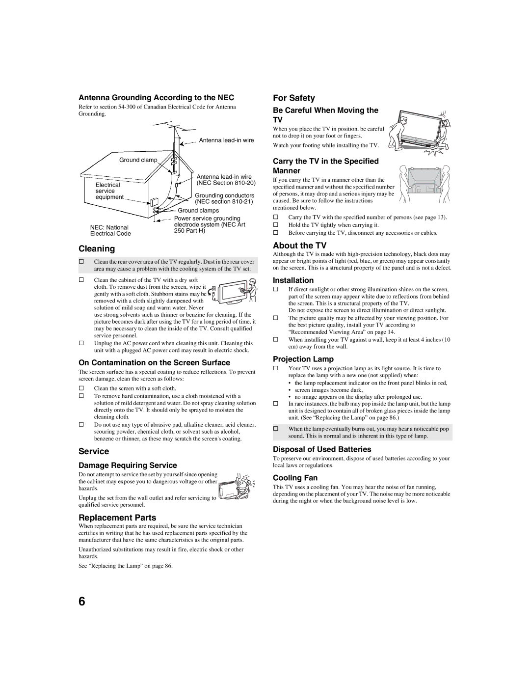 Sony KDF-E50A10 Antenna Grounding According to the NEC, Be Careful When Moving, Carry the TV in the Specified Manner 