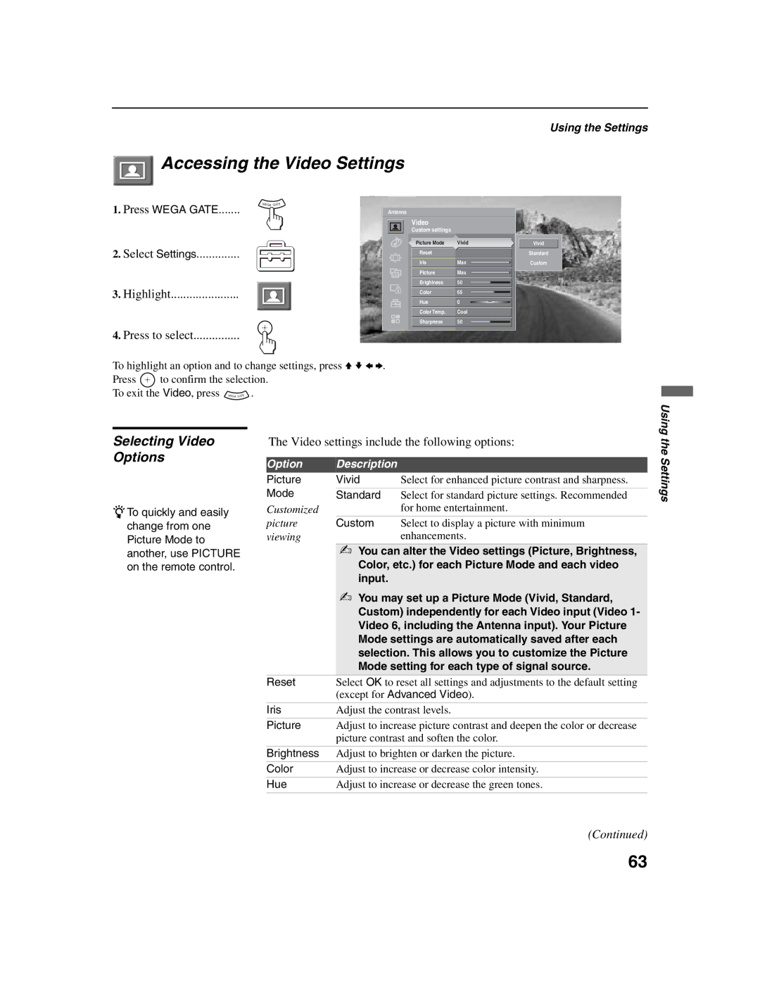 Sony KDF-E42A10, KDF-E50A10 Accessing the Video Settings, Selecting Video Options, Highlight Press to select 