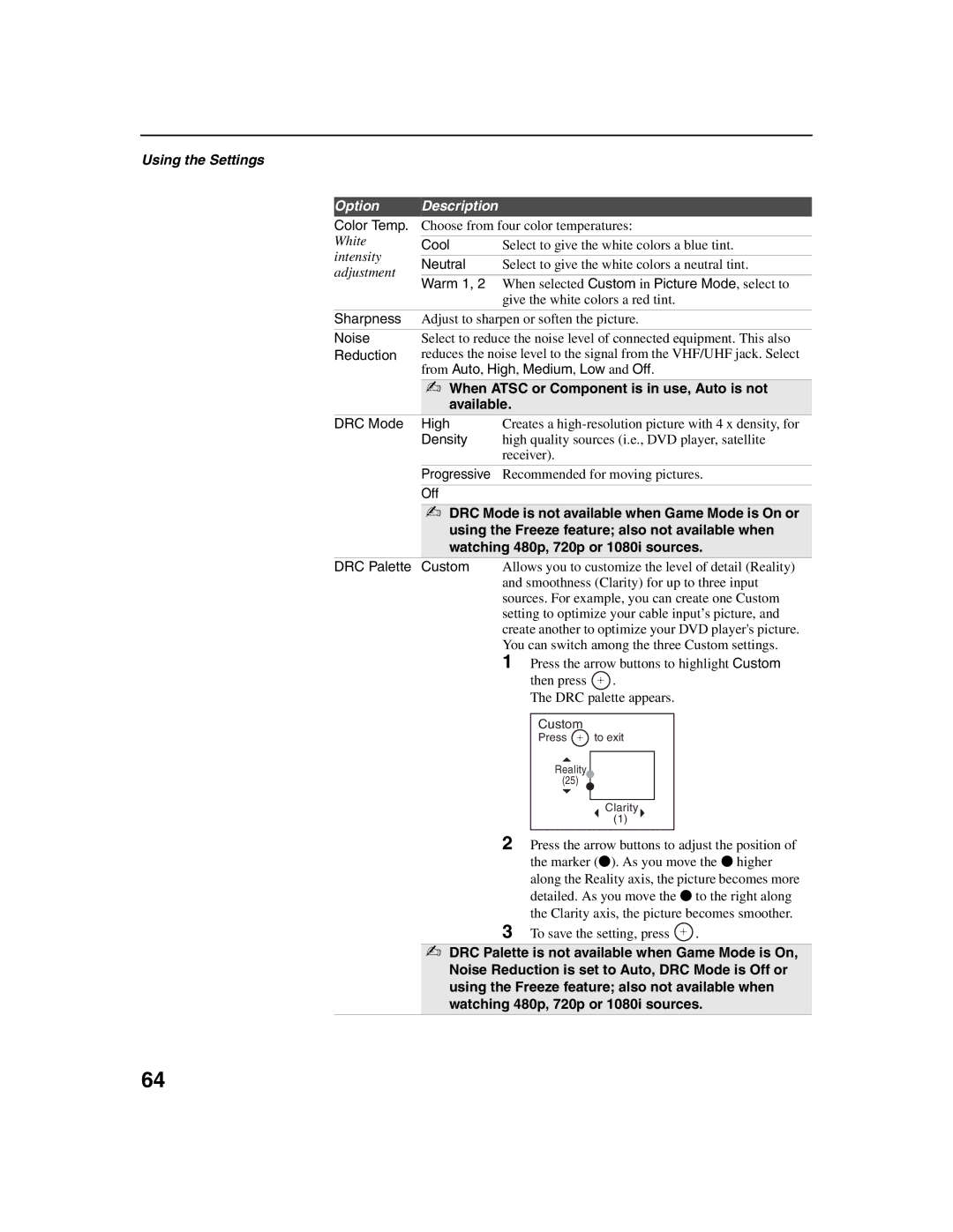 Sony KDF-E50A10, KDF-E42A10 operating instructions When Atsc or Component is in use, Auto is not, Available 