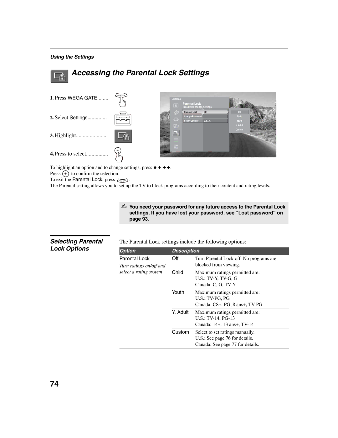 Sony KDF-E50A10, KDF-E42A10 operating instructions Accessing the Parental Lock Settings, Selecting Parental Lock Options 